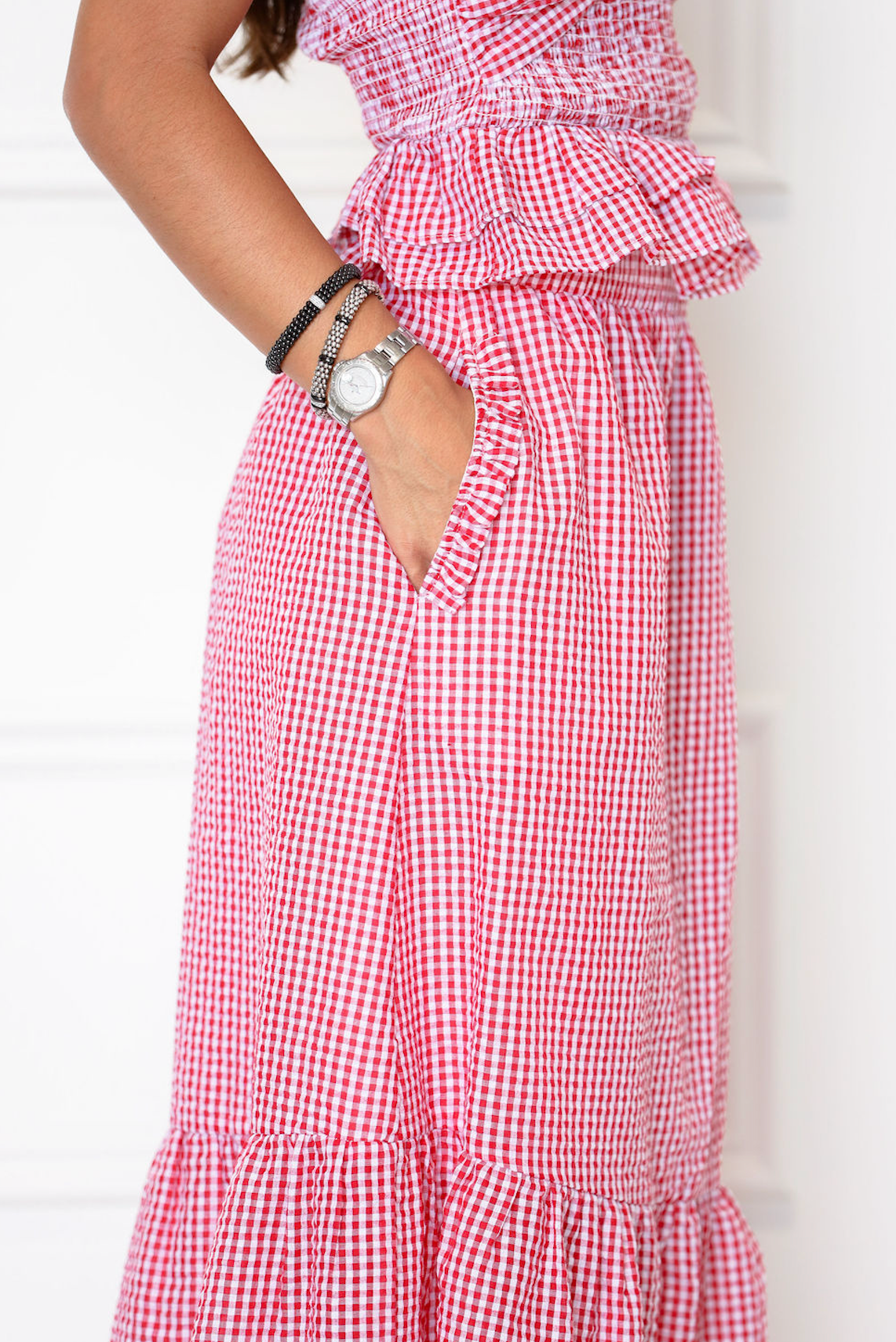 Red Gingham Midi Skirt w/ Pockets