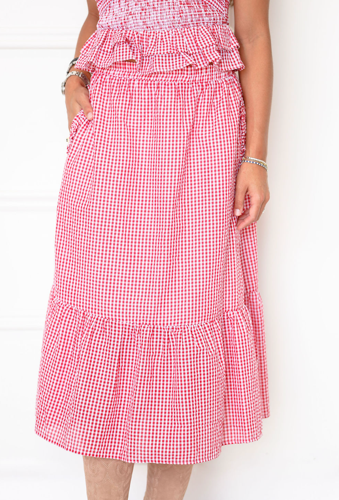Red Gingham Midi Skirt w/ Pockets