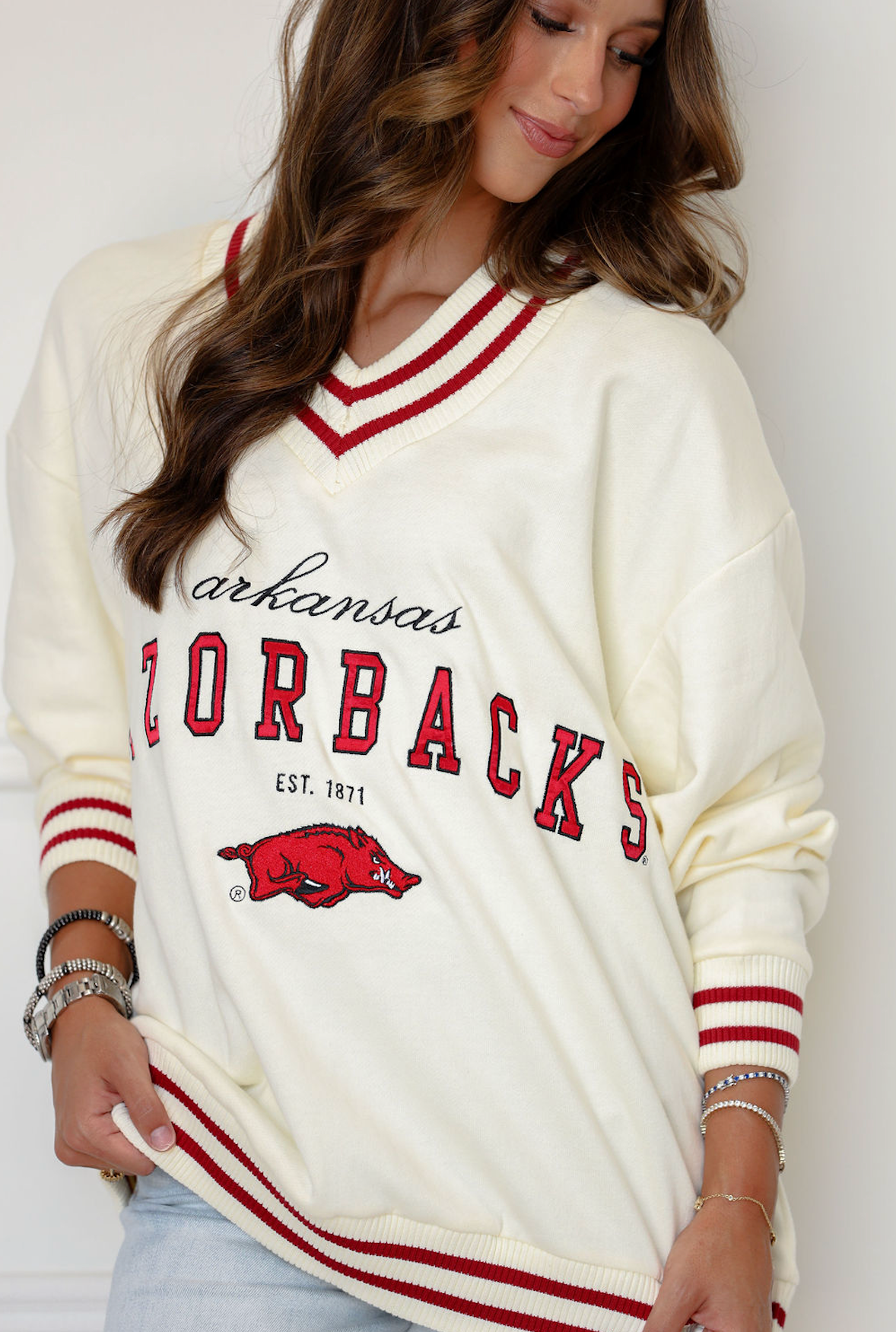 Arkansas Letterman V-neck Sweatshirt - Red