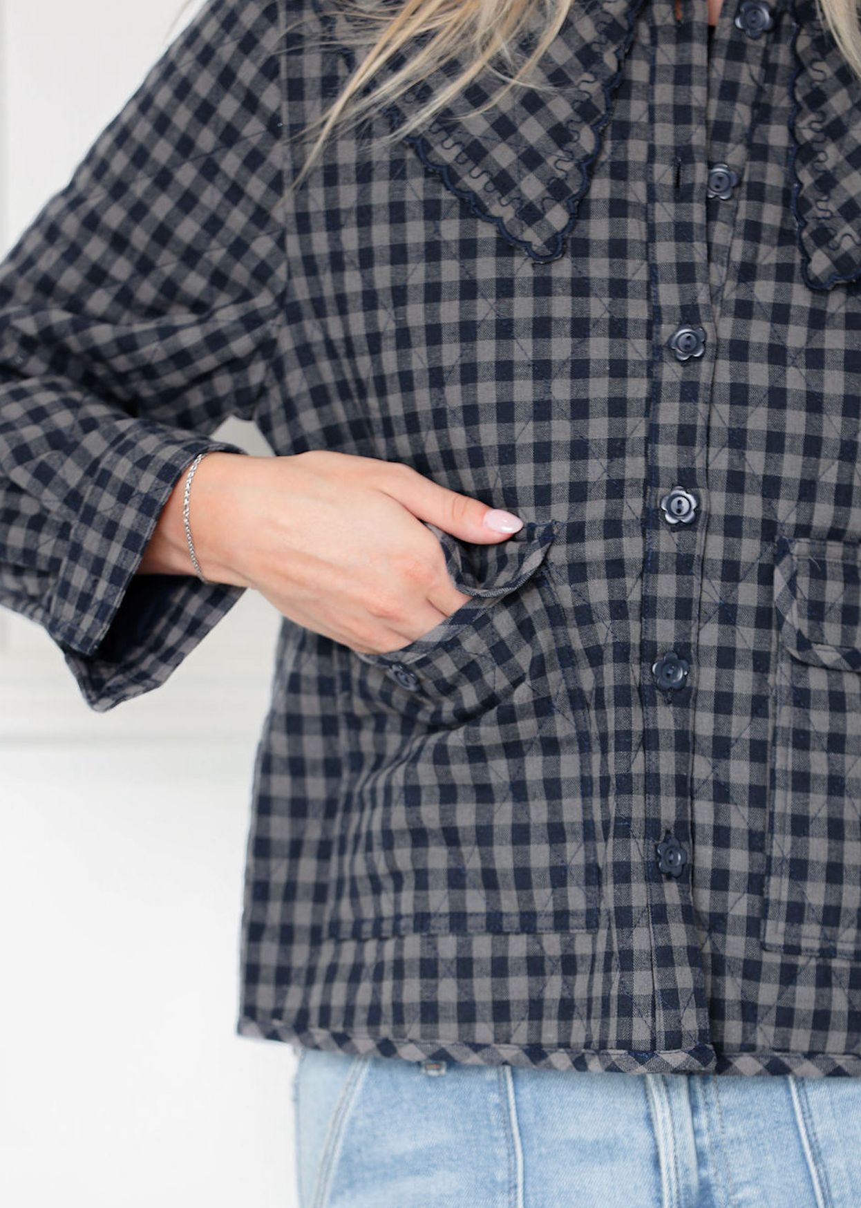 Gingham Peter Pan Collar Coat Navy