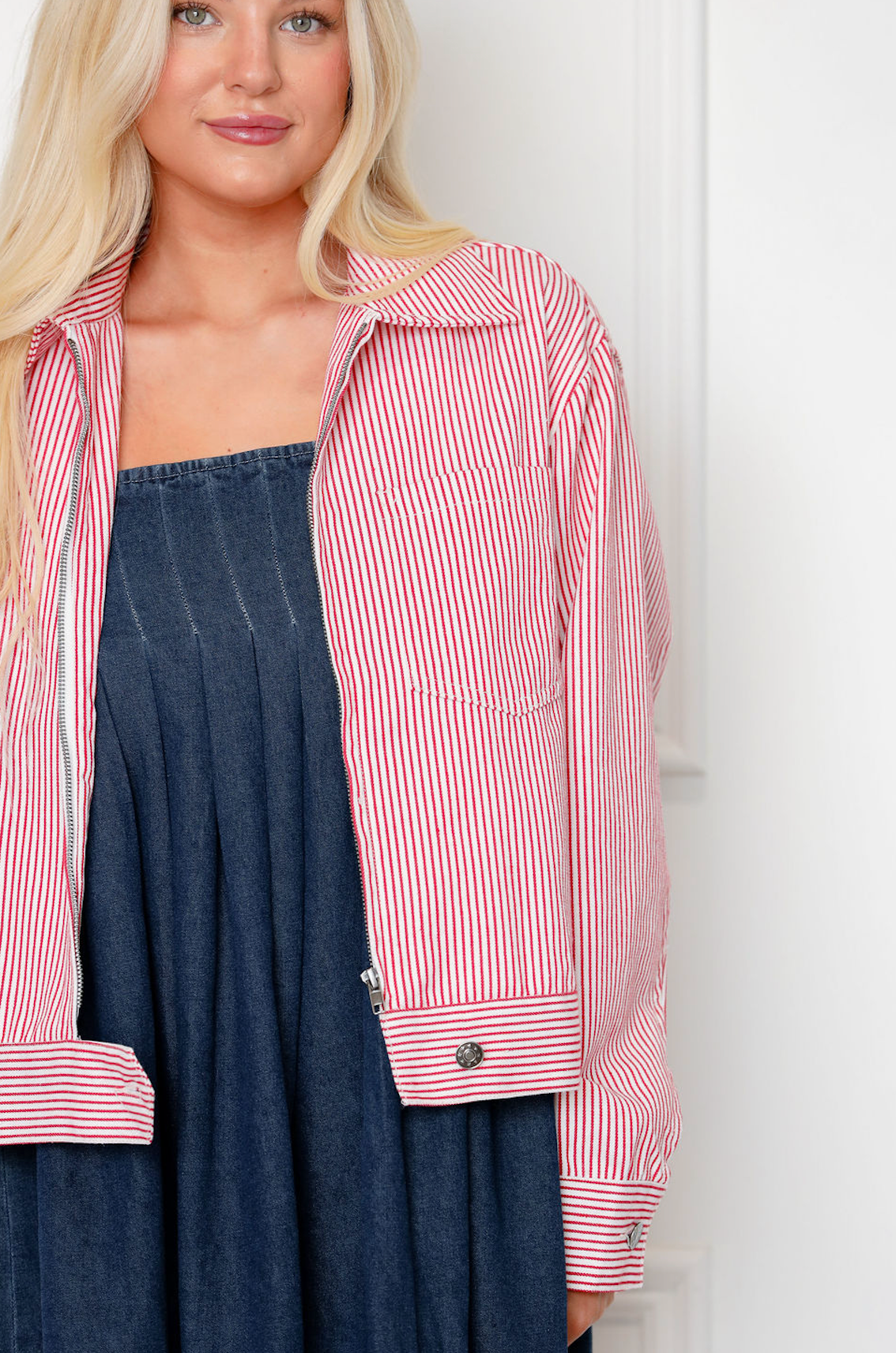 Cherry Red Stripe Zip Up Jacket