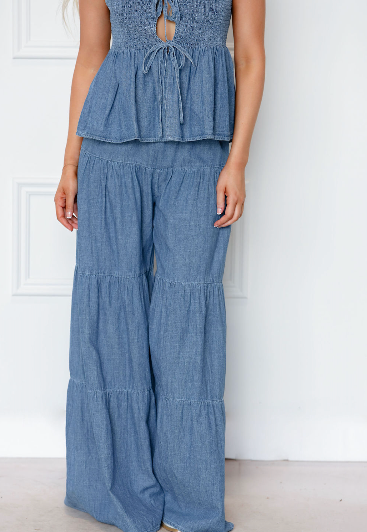 Denim Peplum Top & Tiered Pants Set of 2
