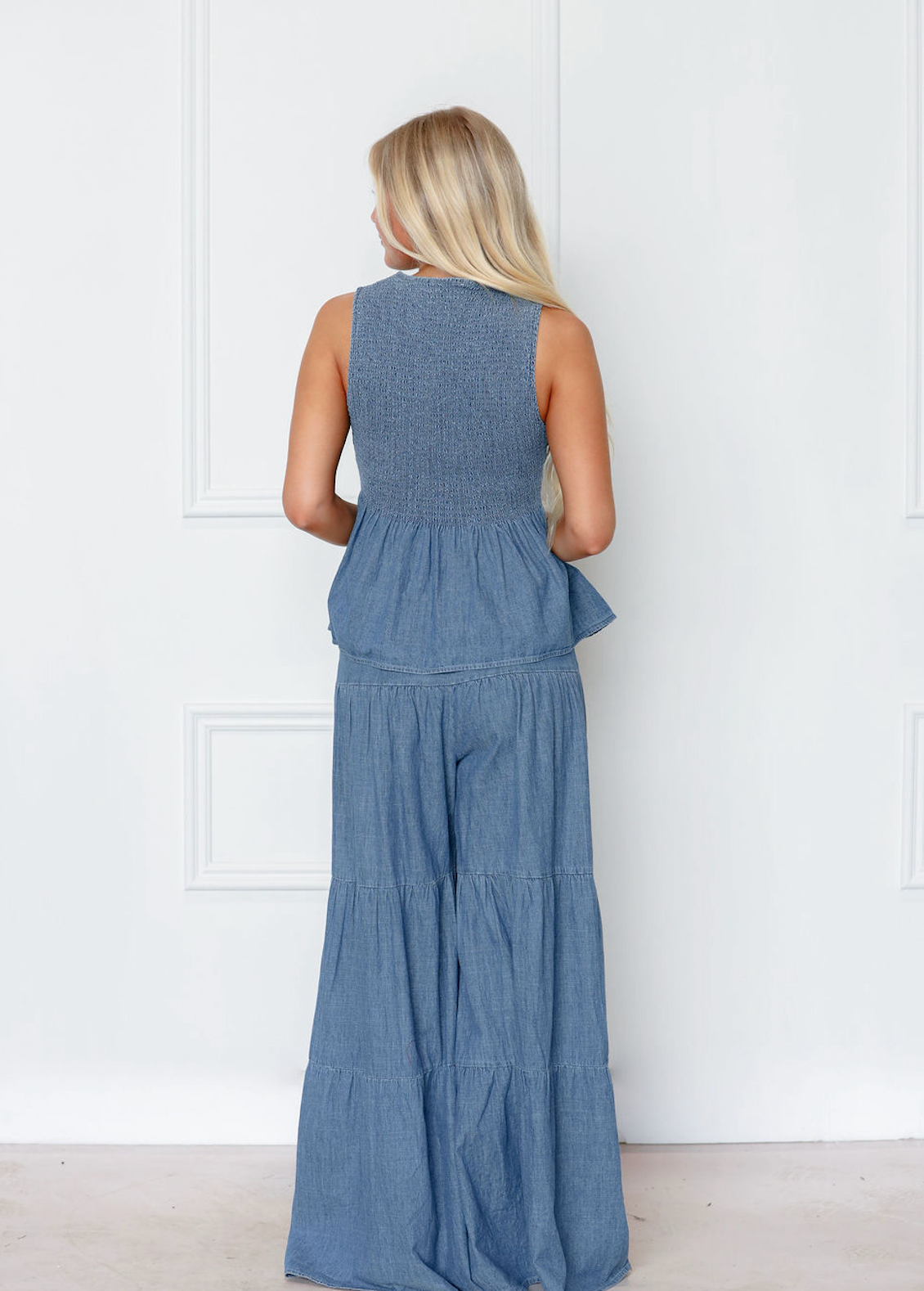 Denim Peplum Top & Tiered Pants Set of 2