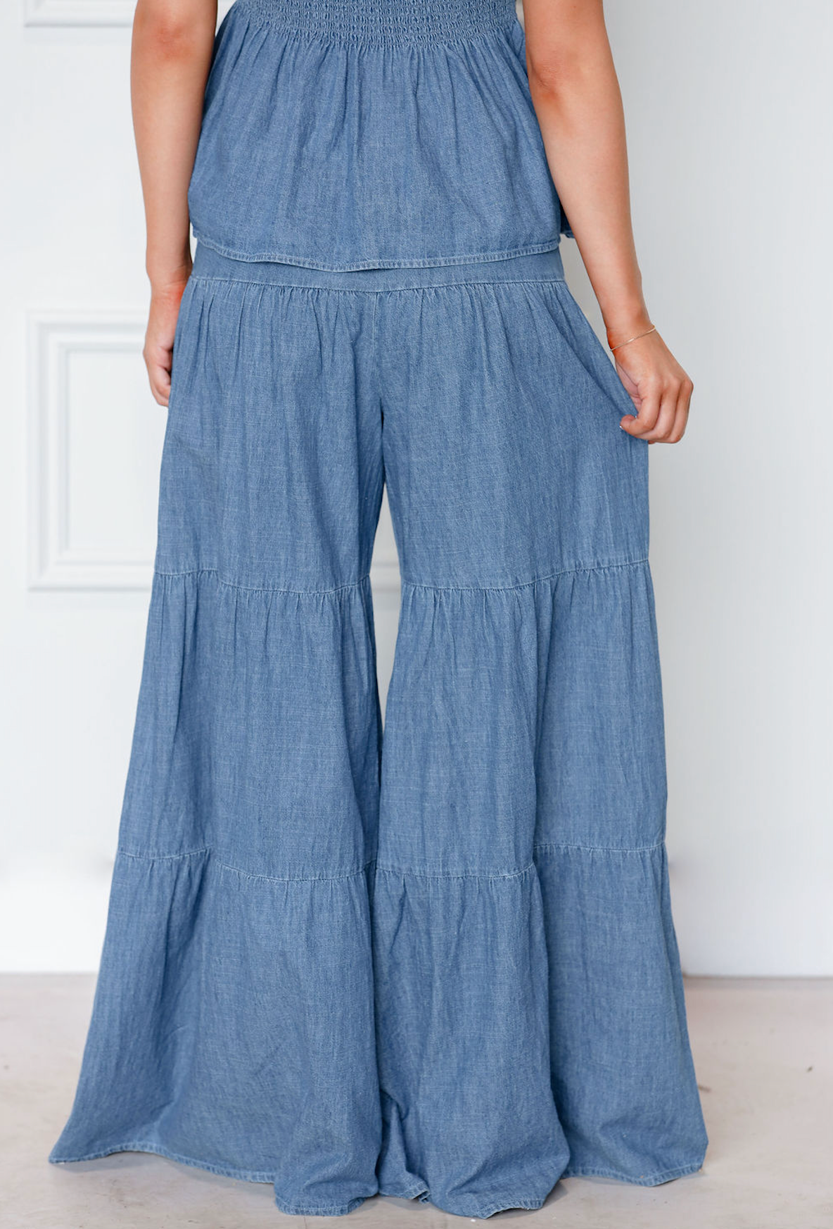 Denim Peplum Top & Tiered Pants Set of 2