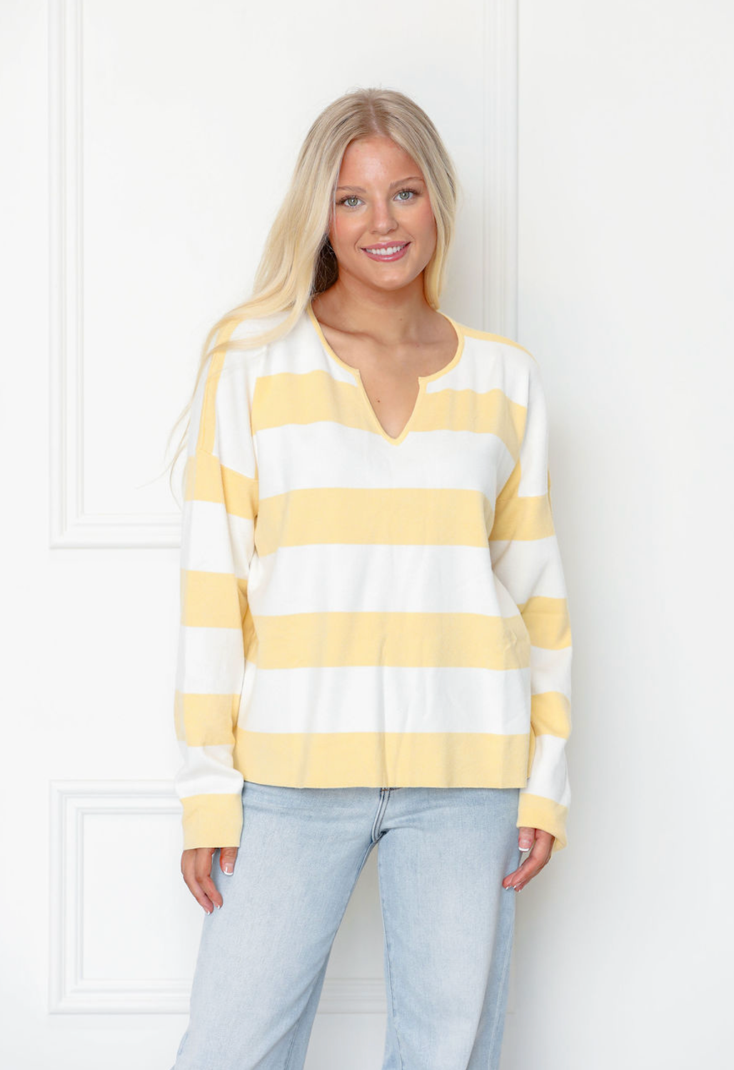 Striped Notch Neck Sweater Top