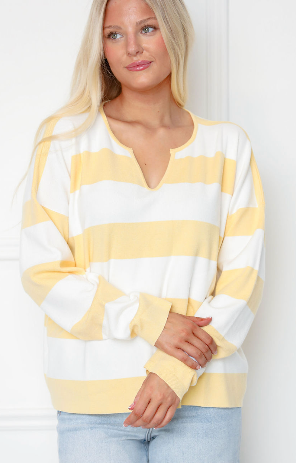 Striped Notch Neck Sweater Top