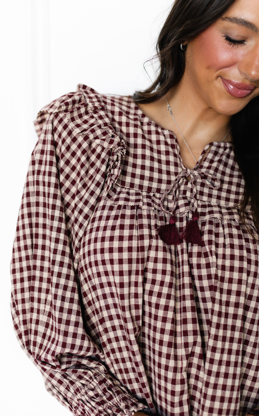 Burgundy Plaid Ruffle Blouse
