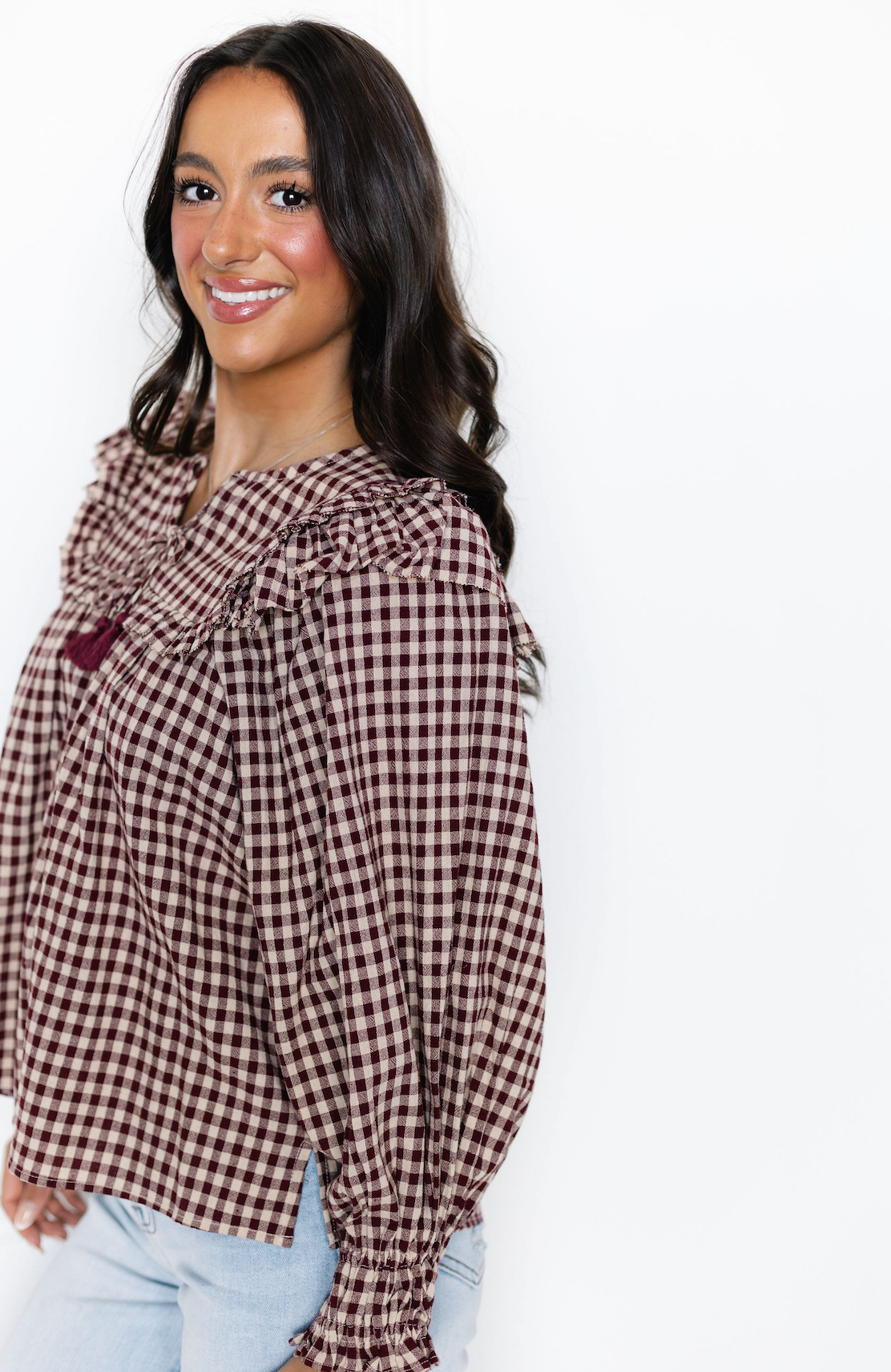 Burgundy Plaid Ruffle Blouse