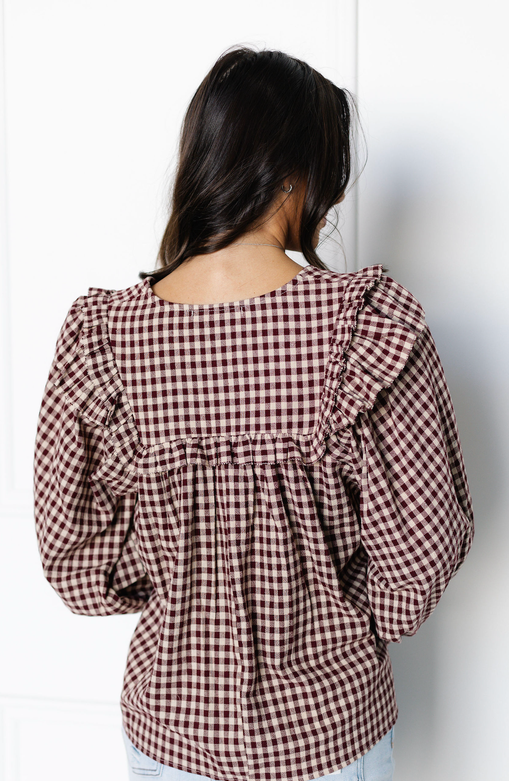 Burgundy Plaid Ruffle Blouse