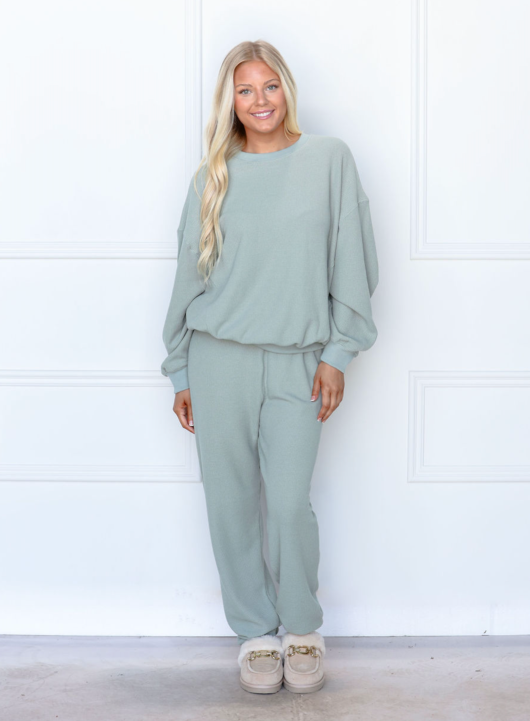 Waffle Knit Pullover & Joggers Set of 2 Sage Green