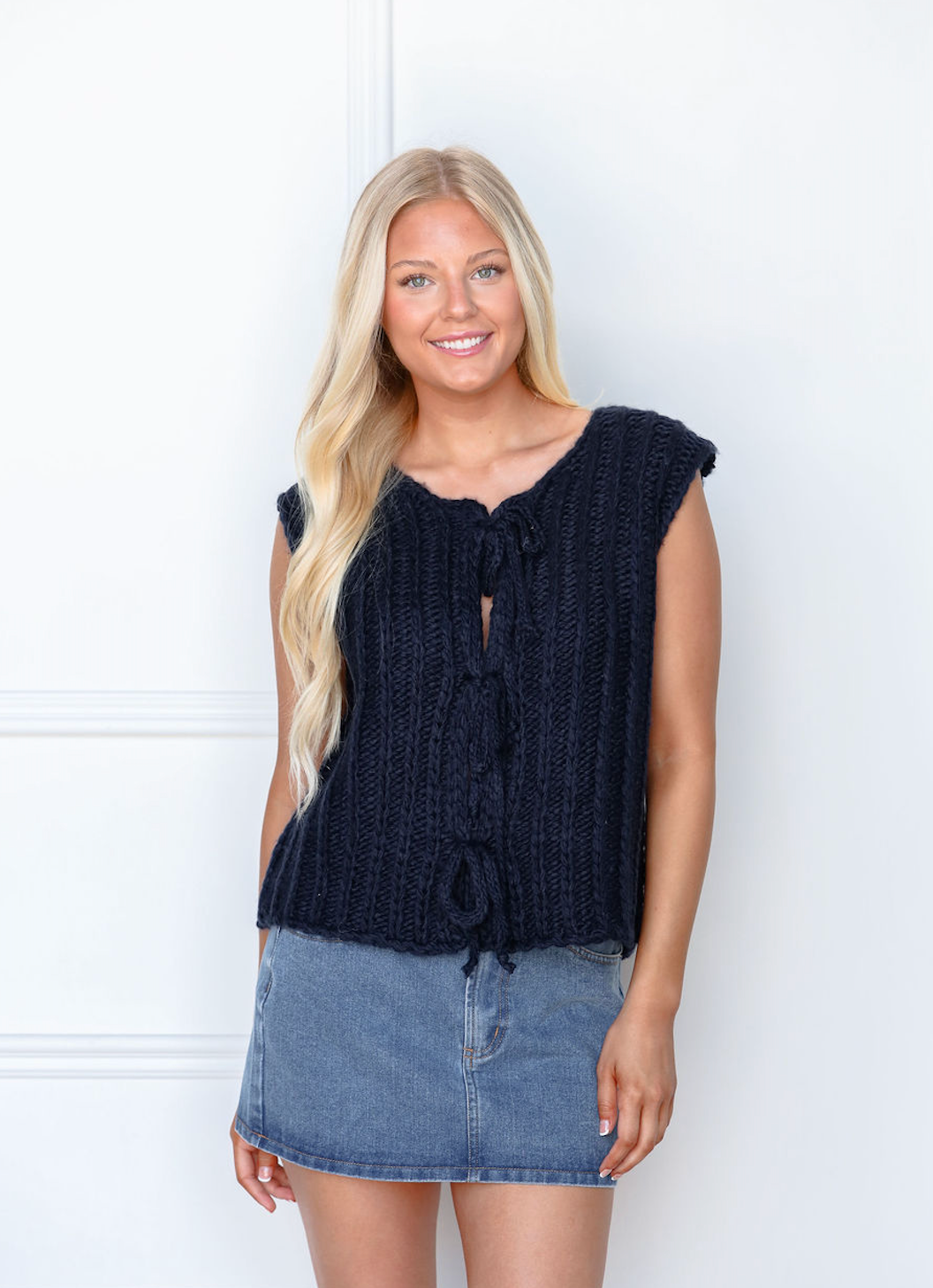 Tie Front Knit Top Navy