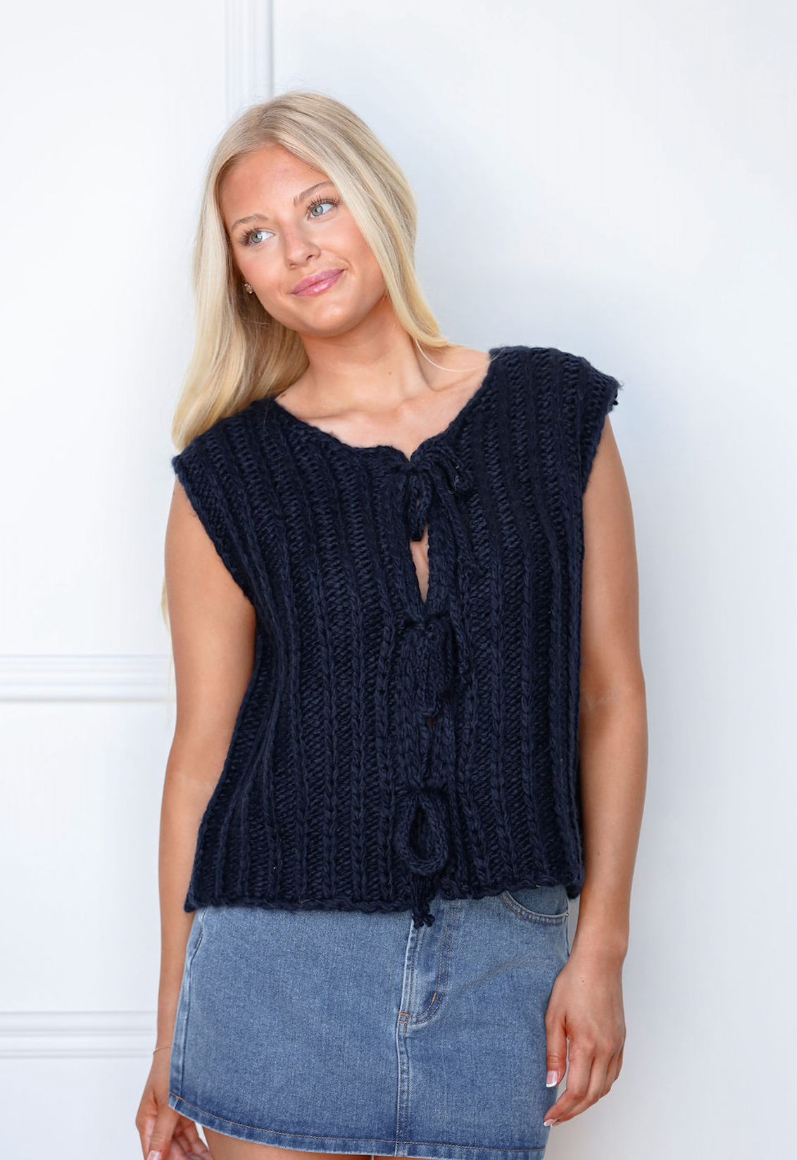 Tie Front Knit Top Navy