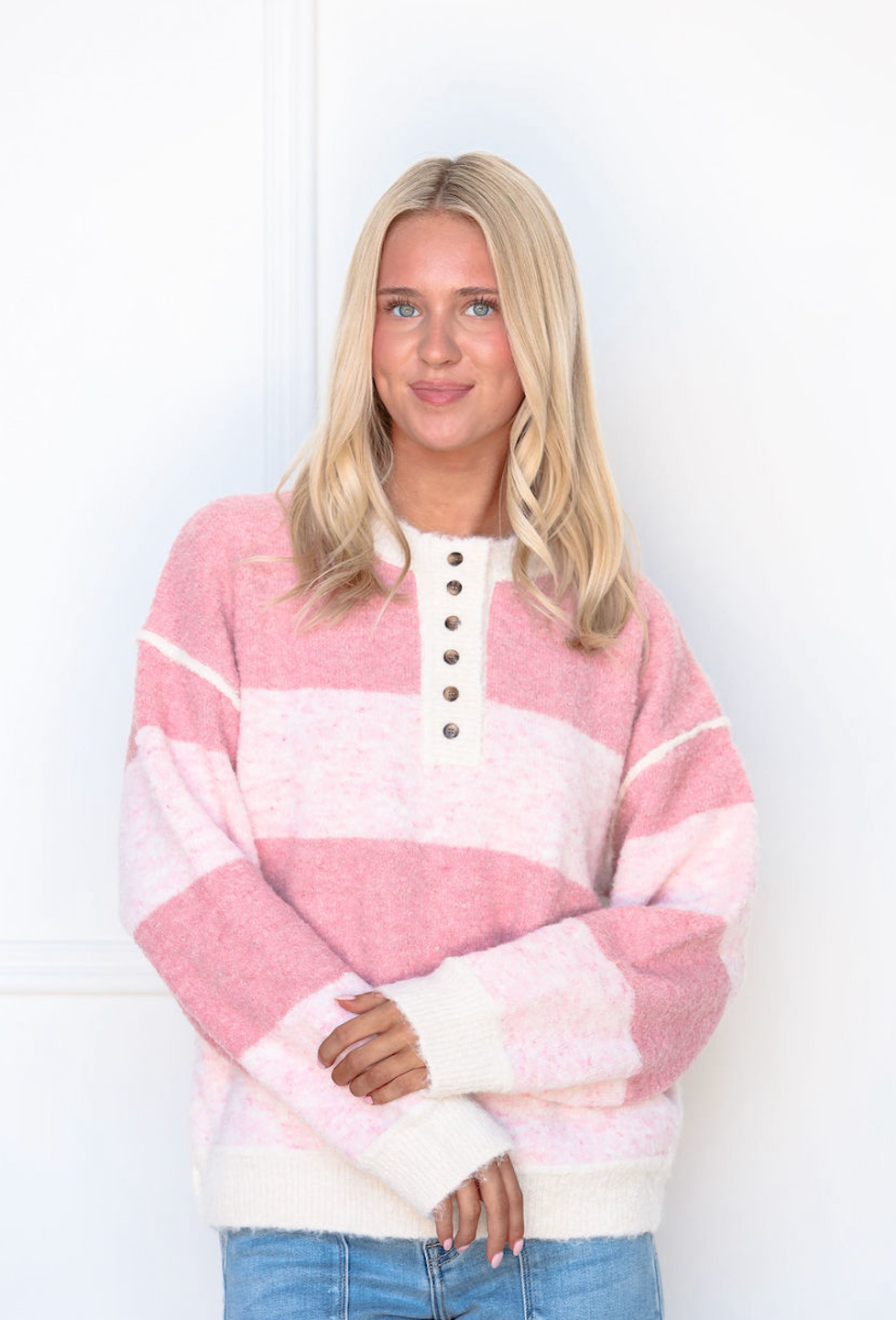 Pink Henley Stripe Sweater