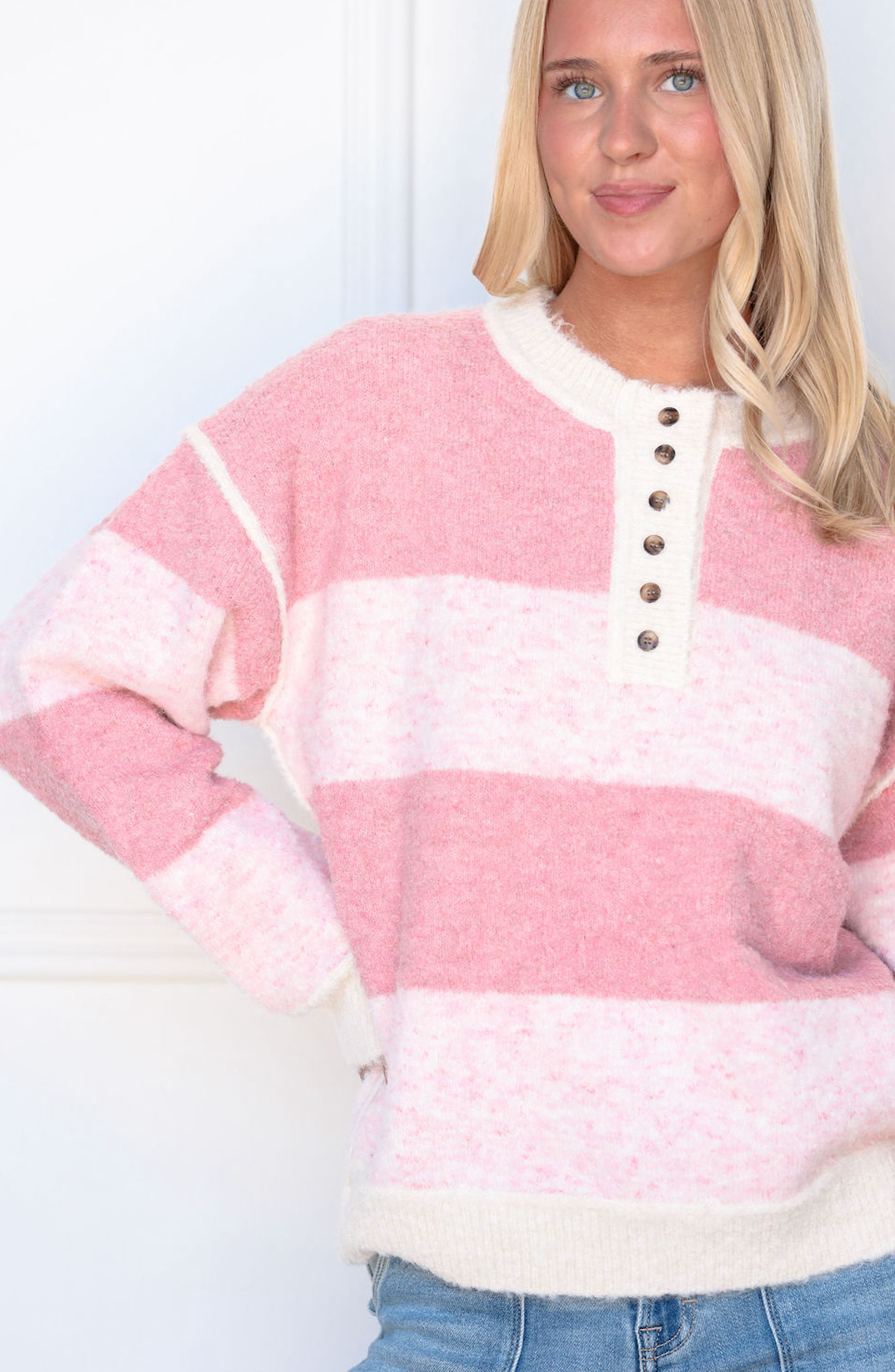 Pink Henley Stripe Sweater
