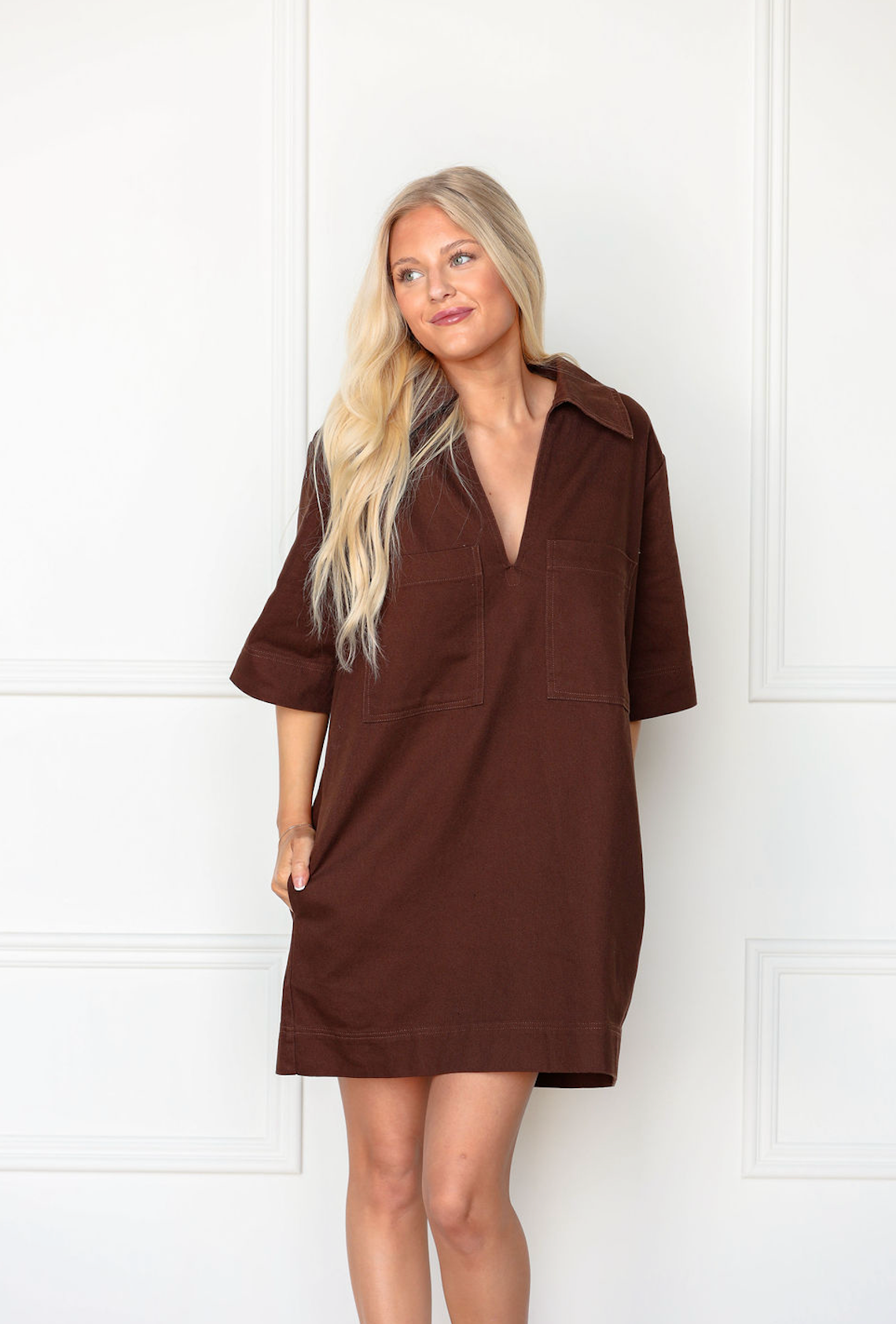 Denim Front Pockets Dress Chocolate