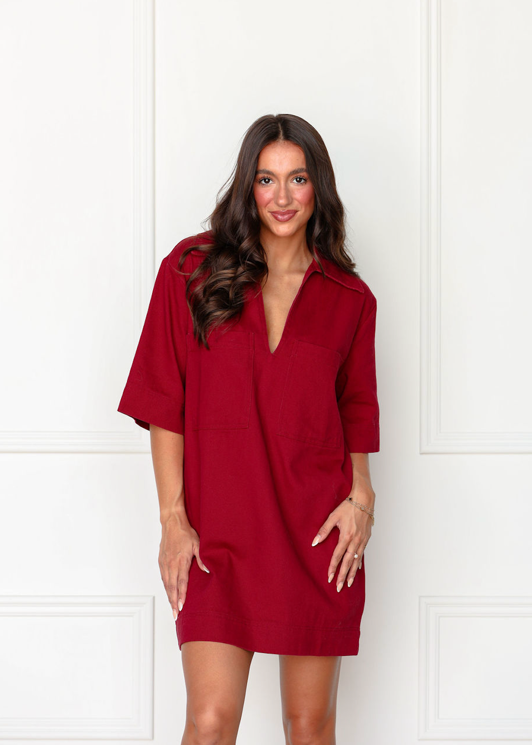 Denim Front Pockets Dress Burgundy