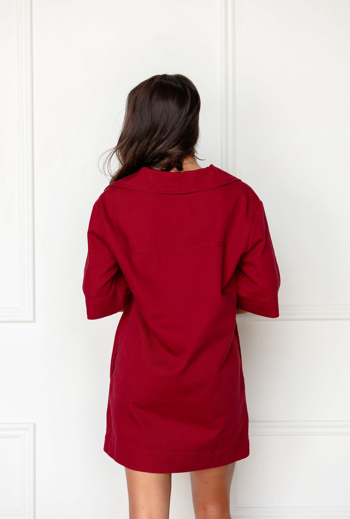 Denim Front Pockets Dress Burgundy
