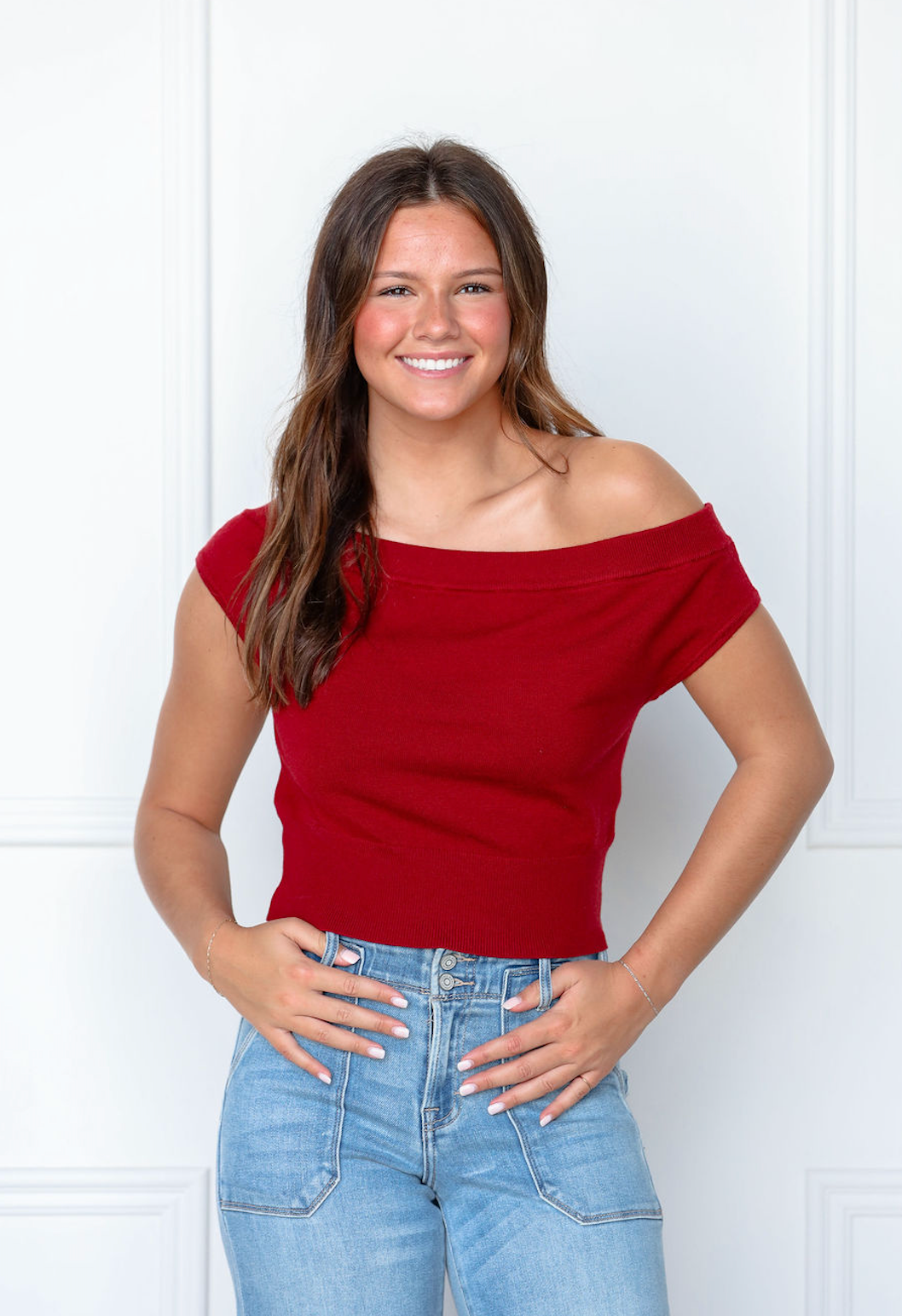 Maroon Off Shoulder Cropped Sweater