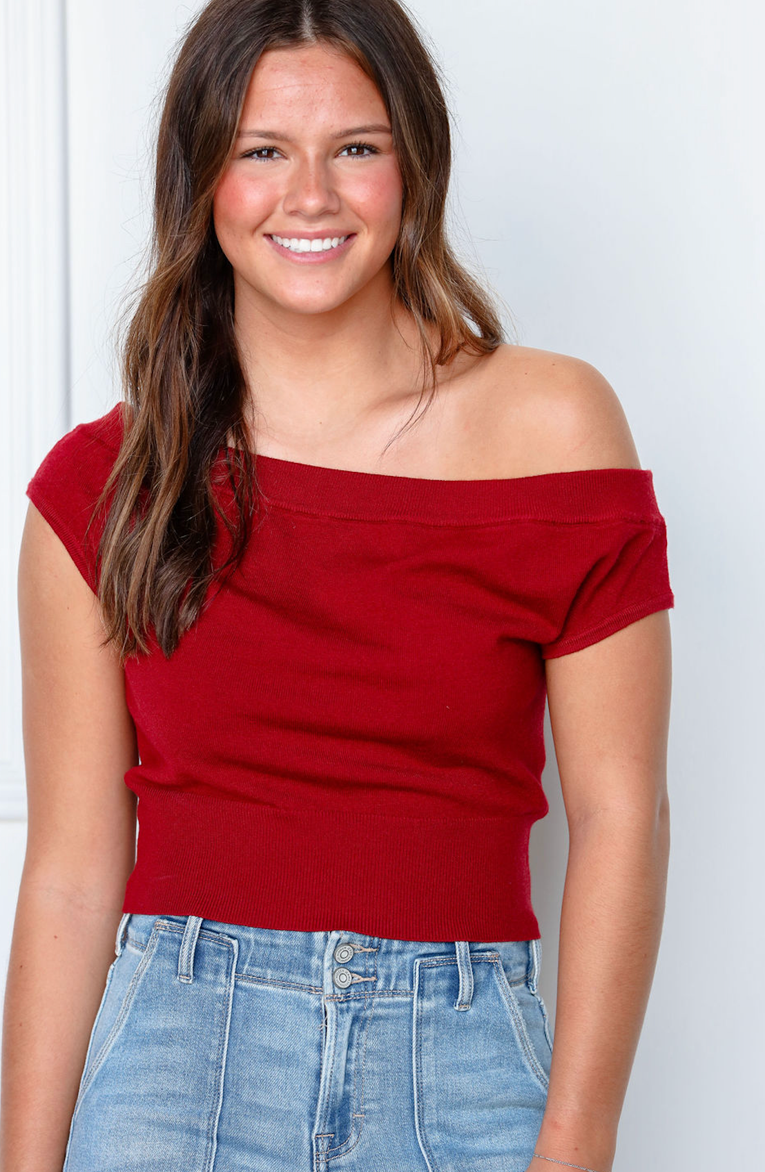 Maroon Off Shoulder Cropped Sweater
