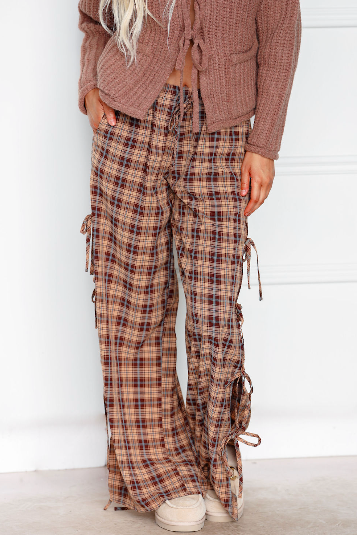Brown Plaid Side Tie Pants