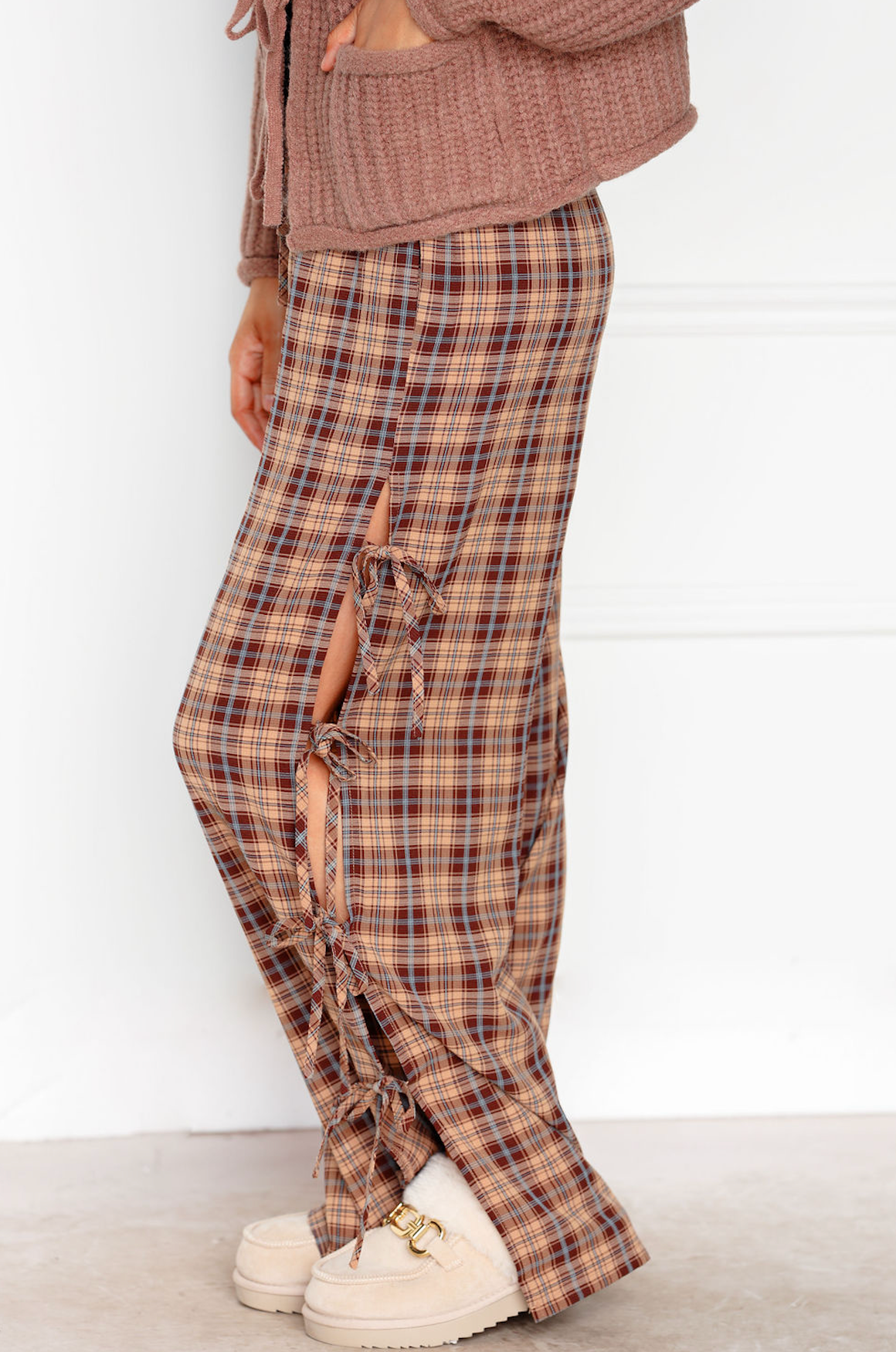 Brown Plaid Side Tie Pants