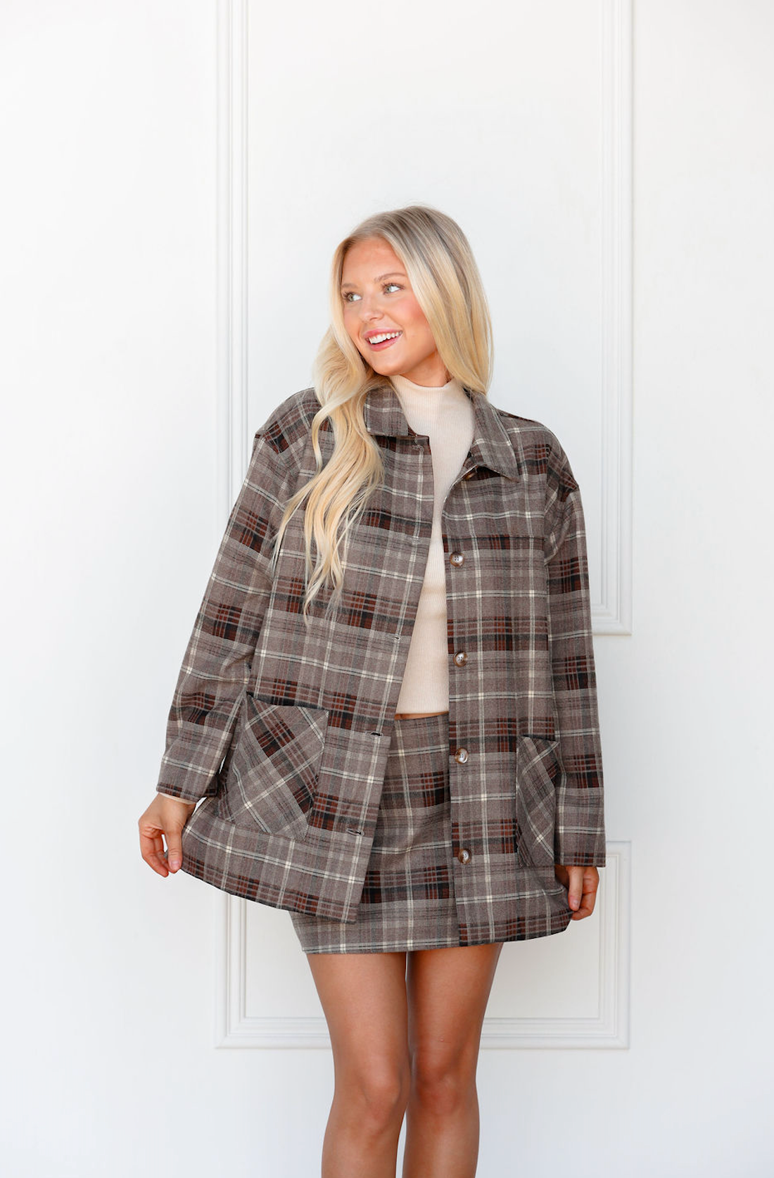 Oversize Plaid Jacket & Mini Skirt Set of 2