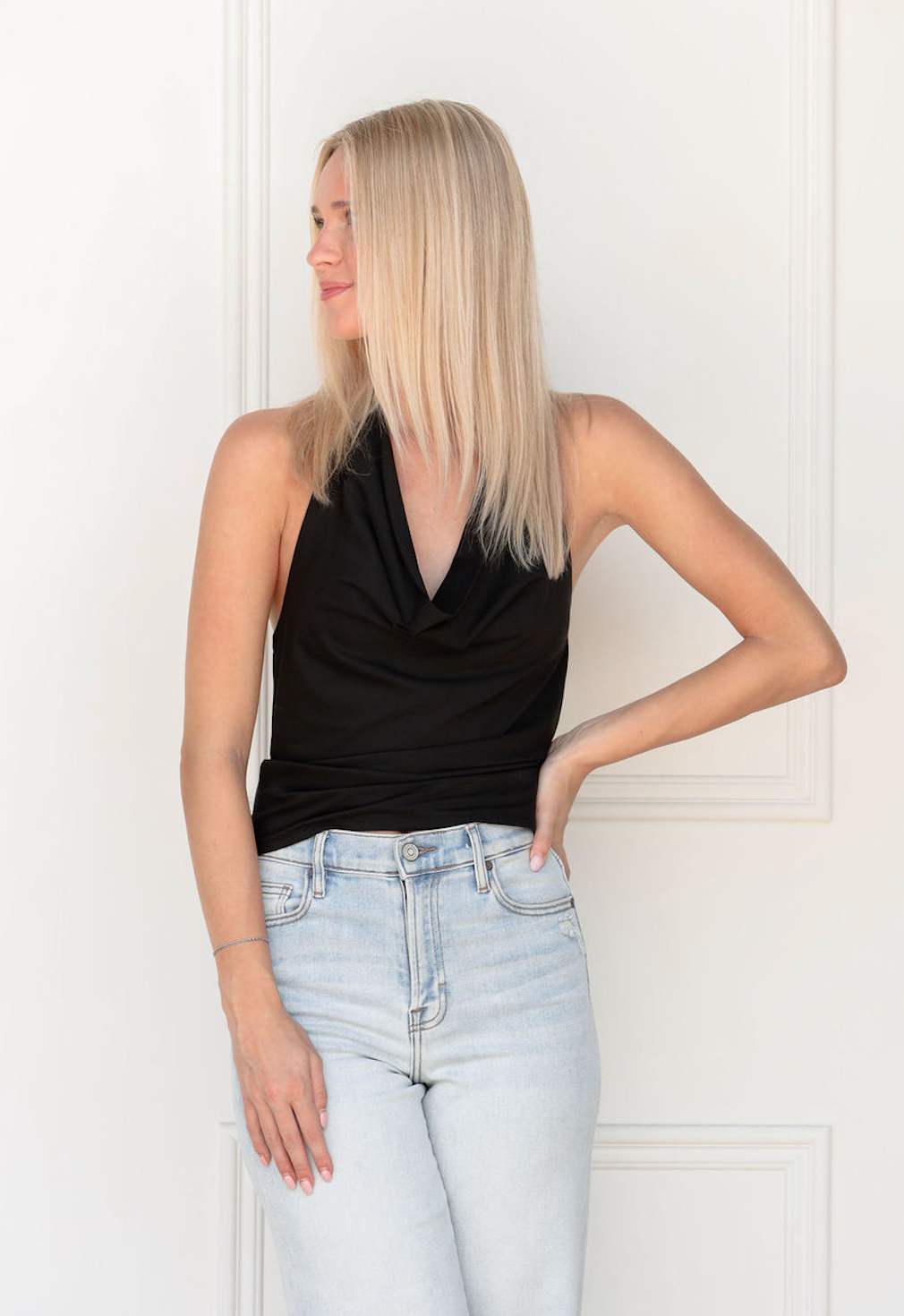 Cowl Neck Ruched Halter Top Black