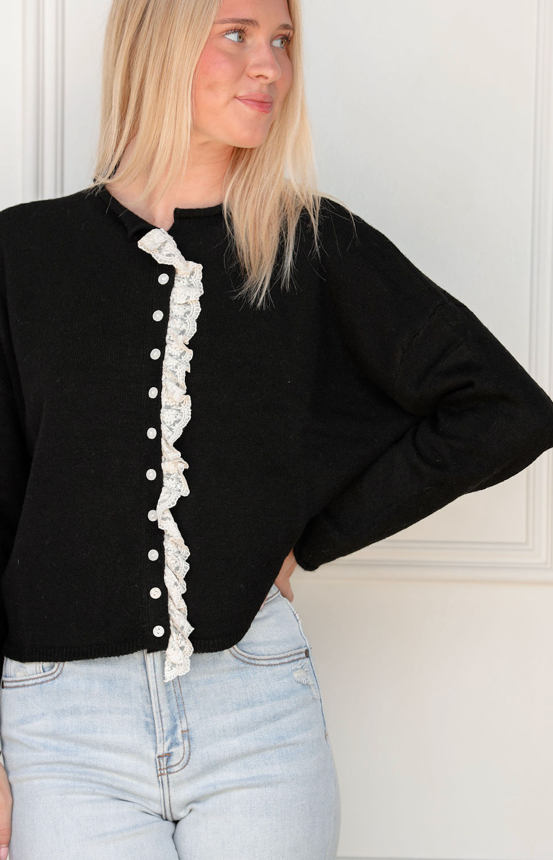 Lace Ruffle Edge Cardigan Black