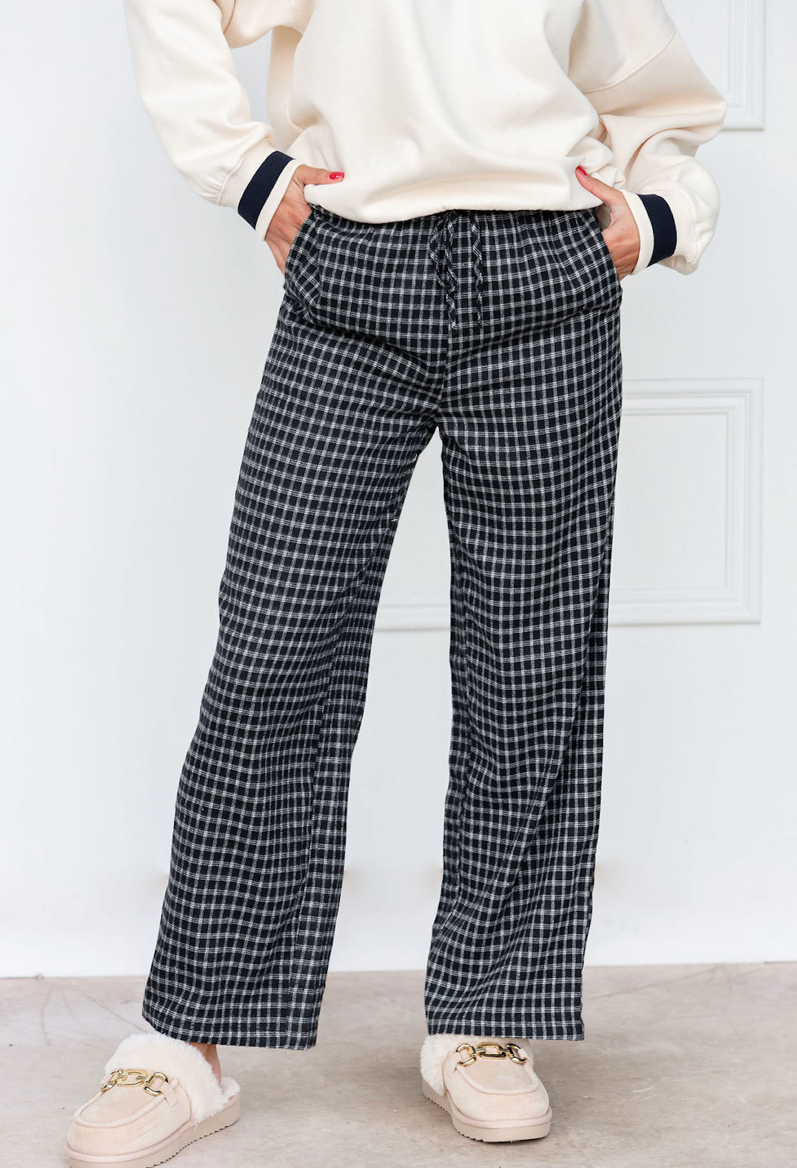 Black Plaid Drawstring Pants