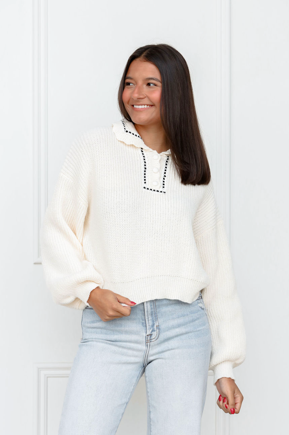 Cream Collared Sweater w/ Black Ribbon Detail