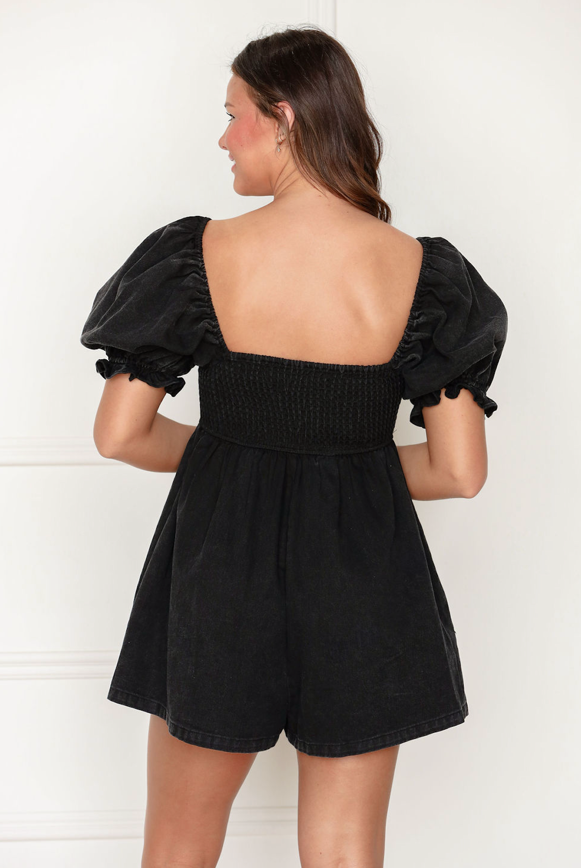 Relaxed Puff Sleeve Romper Black
