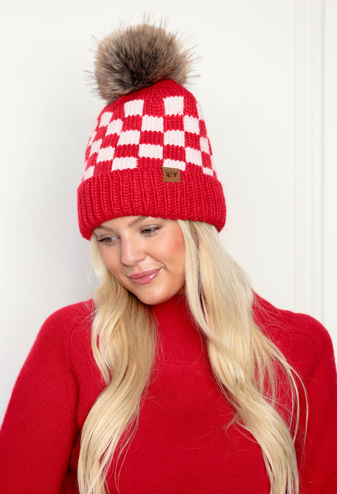 Red Checkered Pom Pom Beanie