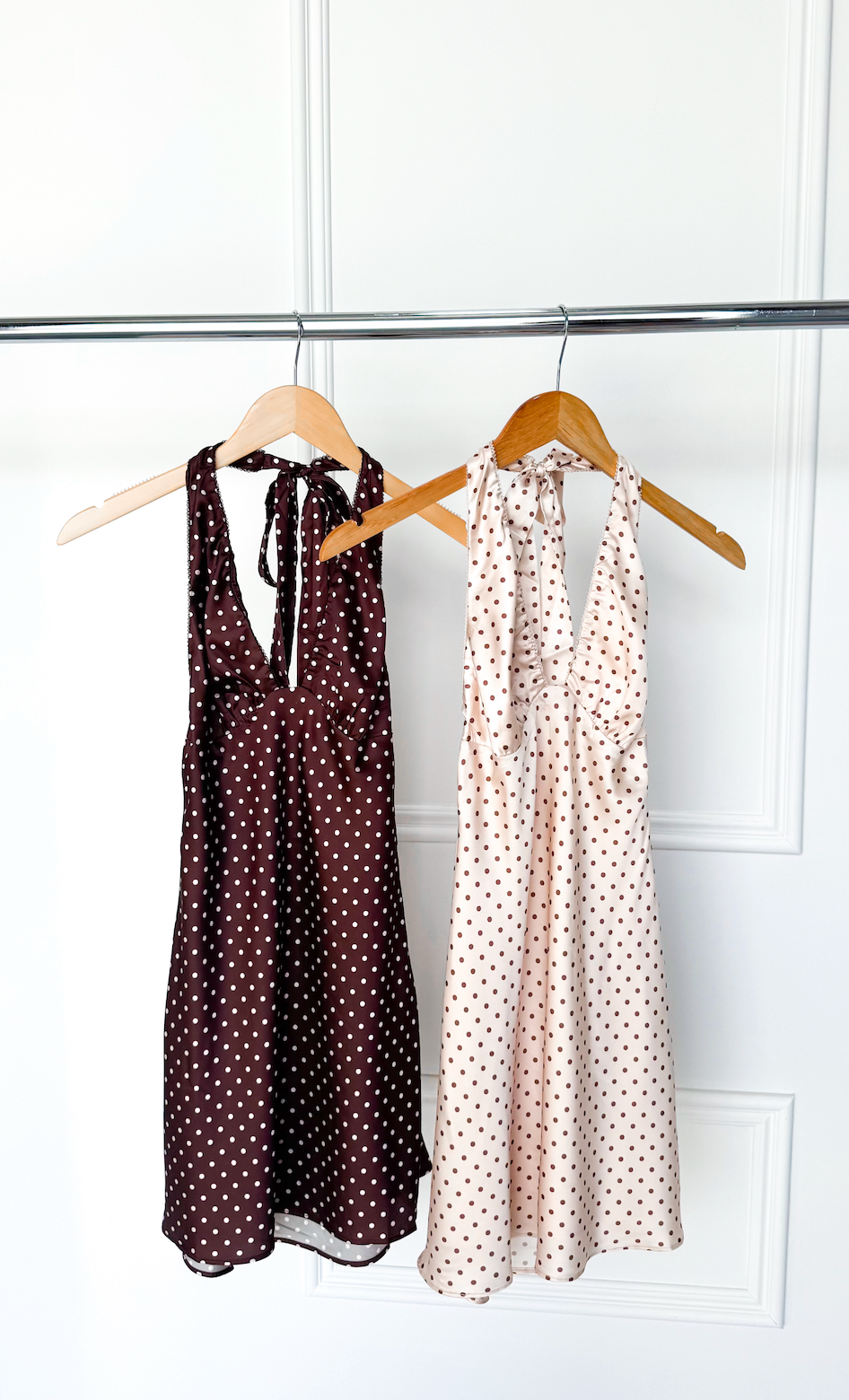 Polka Dot Satin Halter Dress Brown