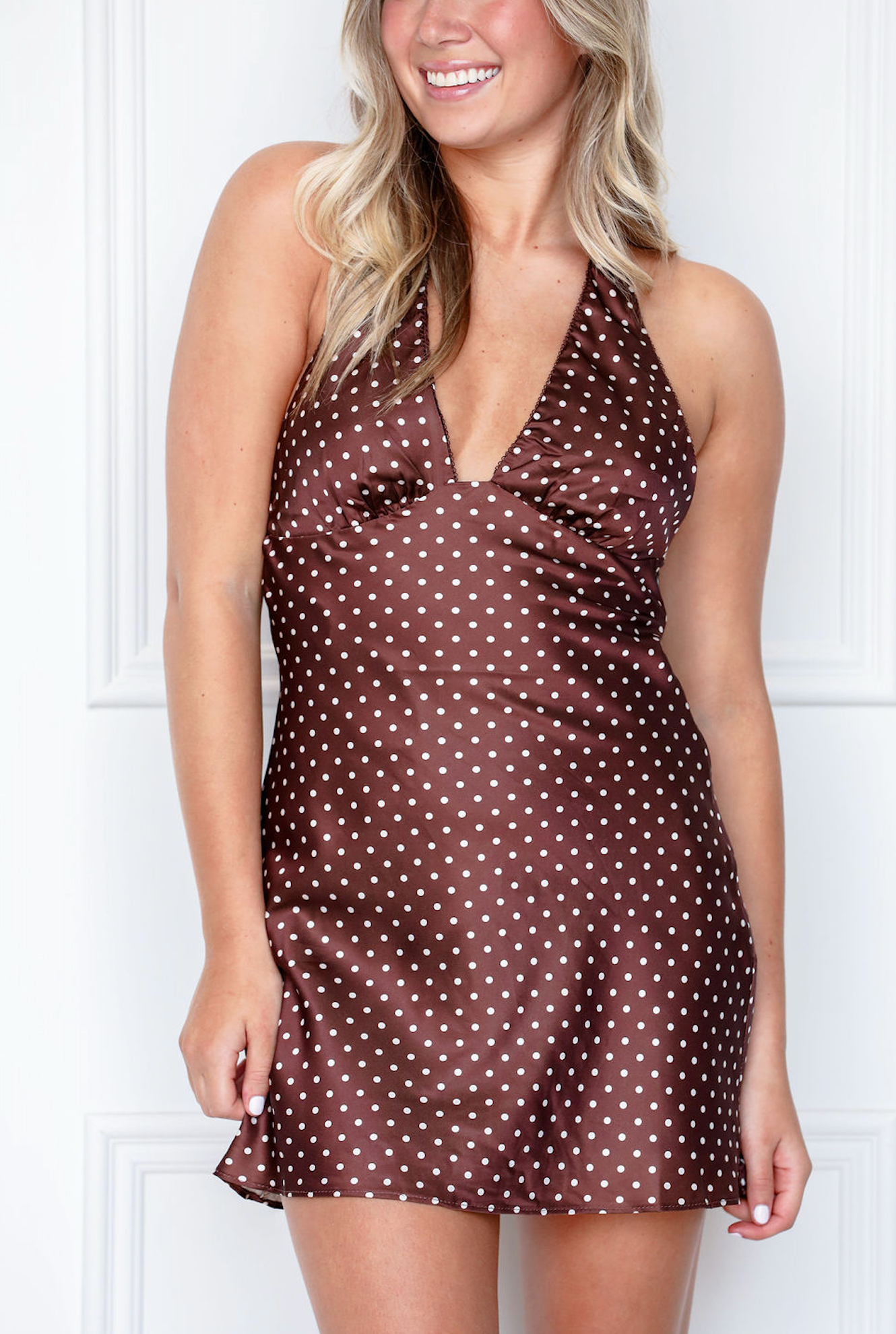 Polka Dot Satin Halter Dress Brown