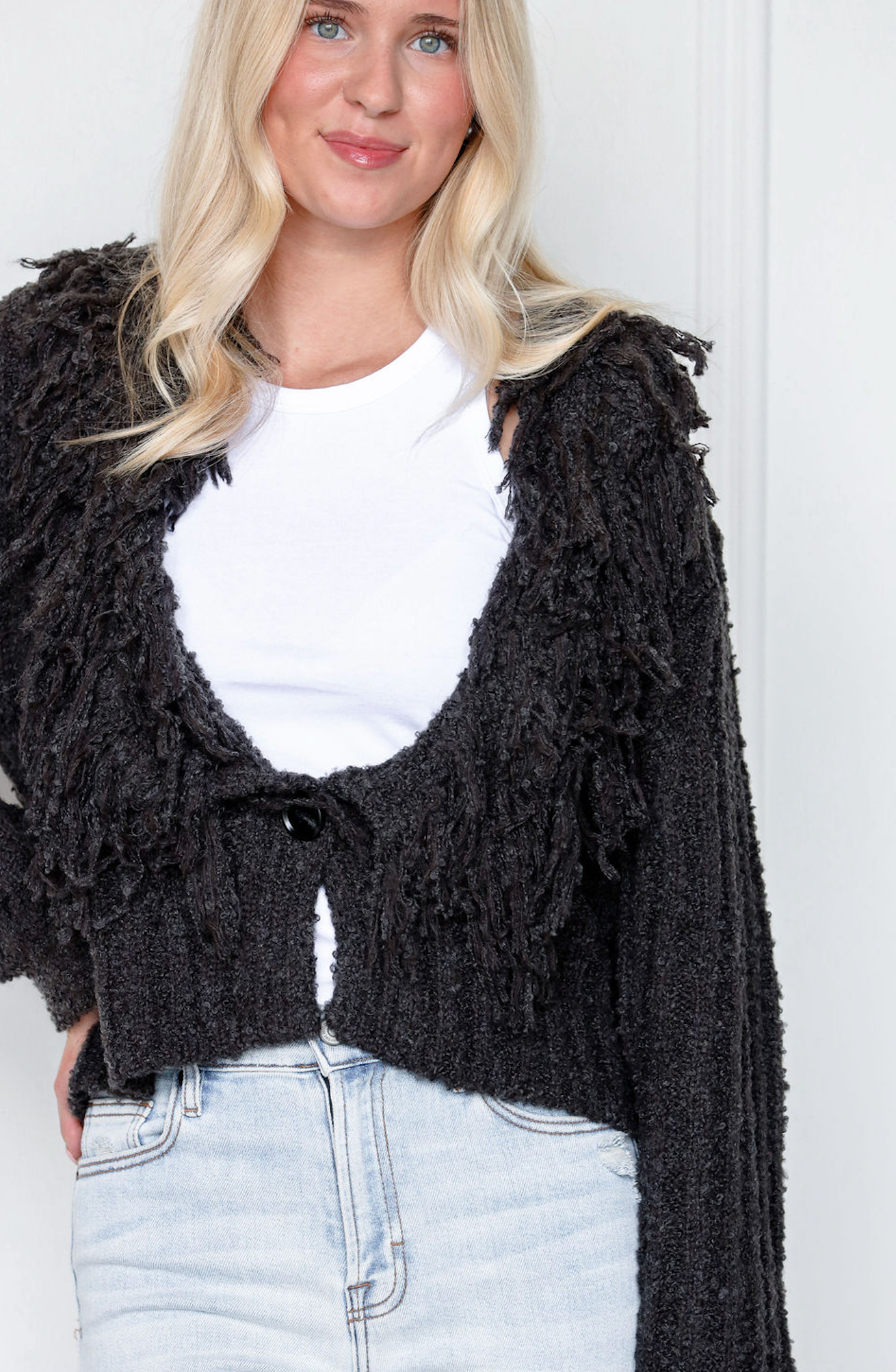Charcoal Fringe Collar Cardigan