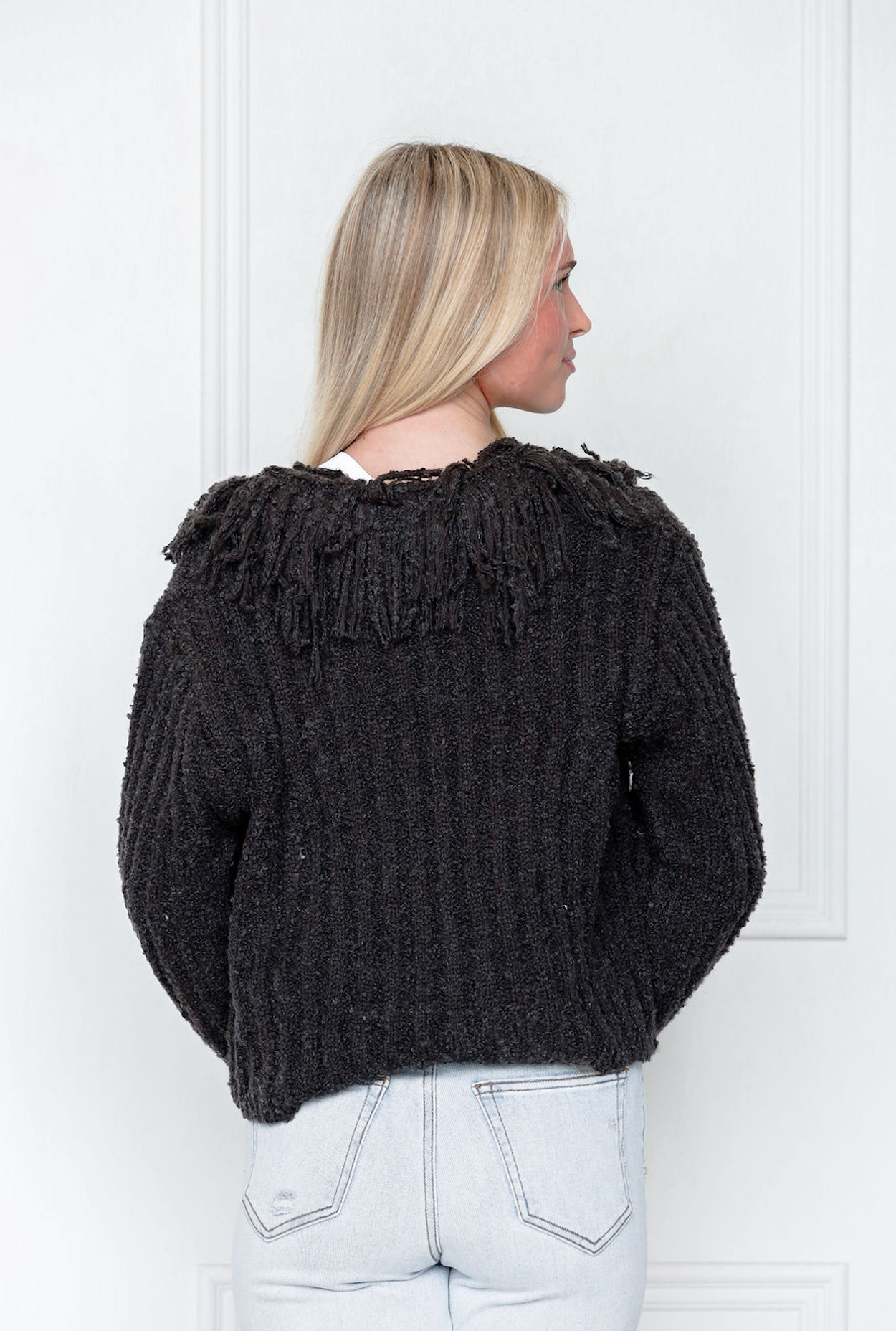 Charcoal Fringe Collar Cardigan