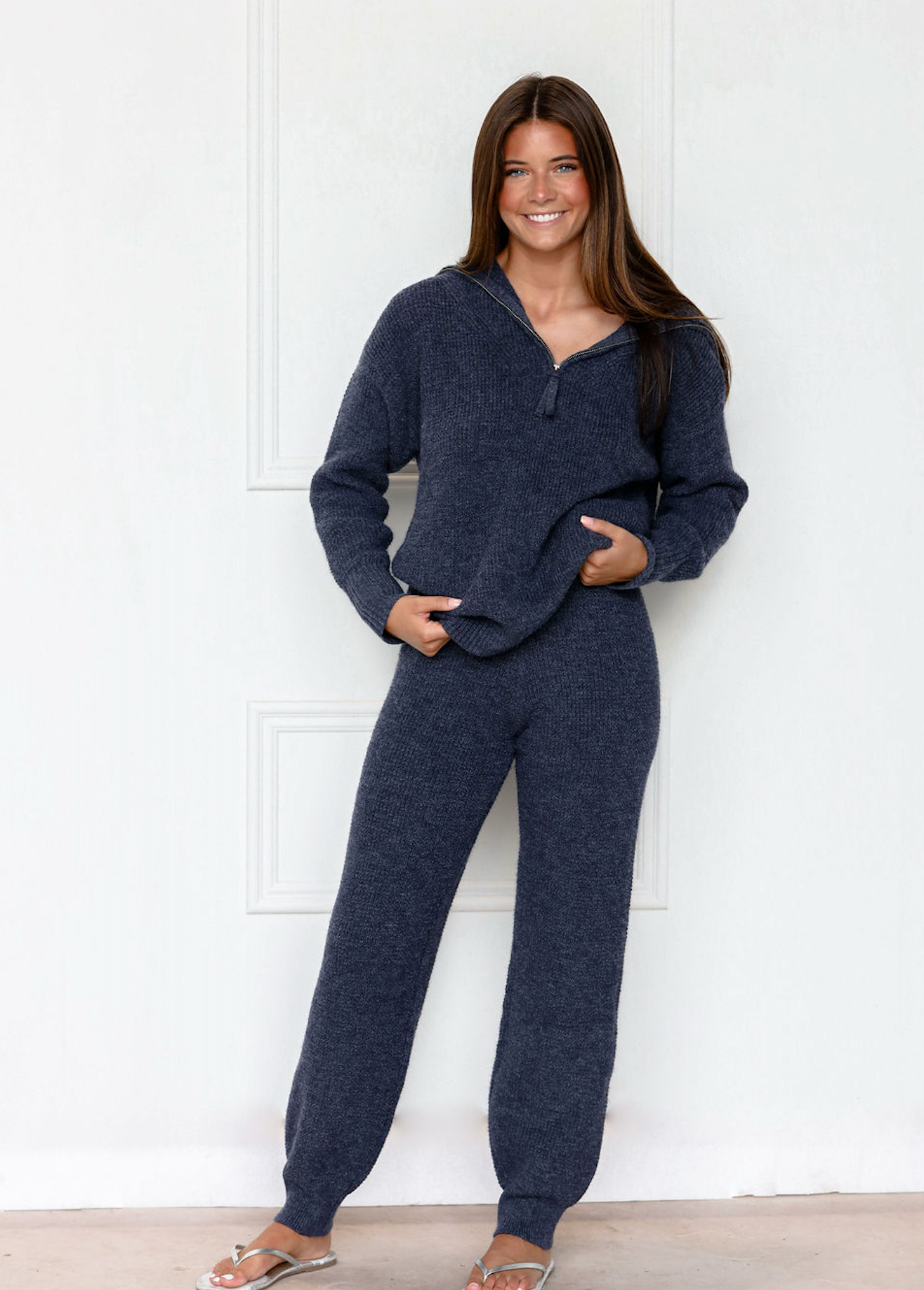 Navy Collared Knit Top & Pants Set of 2