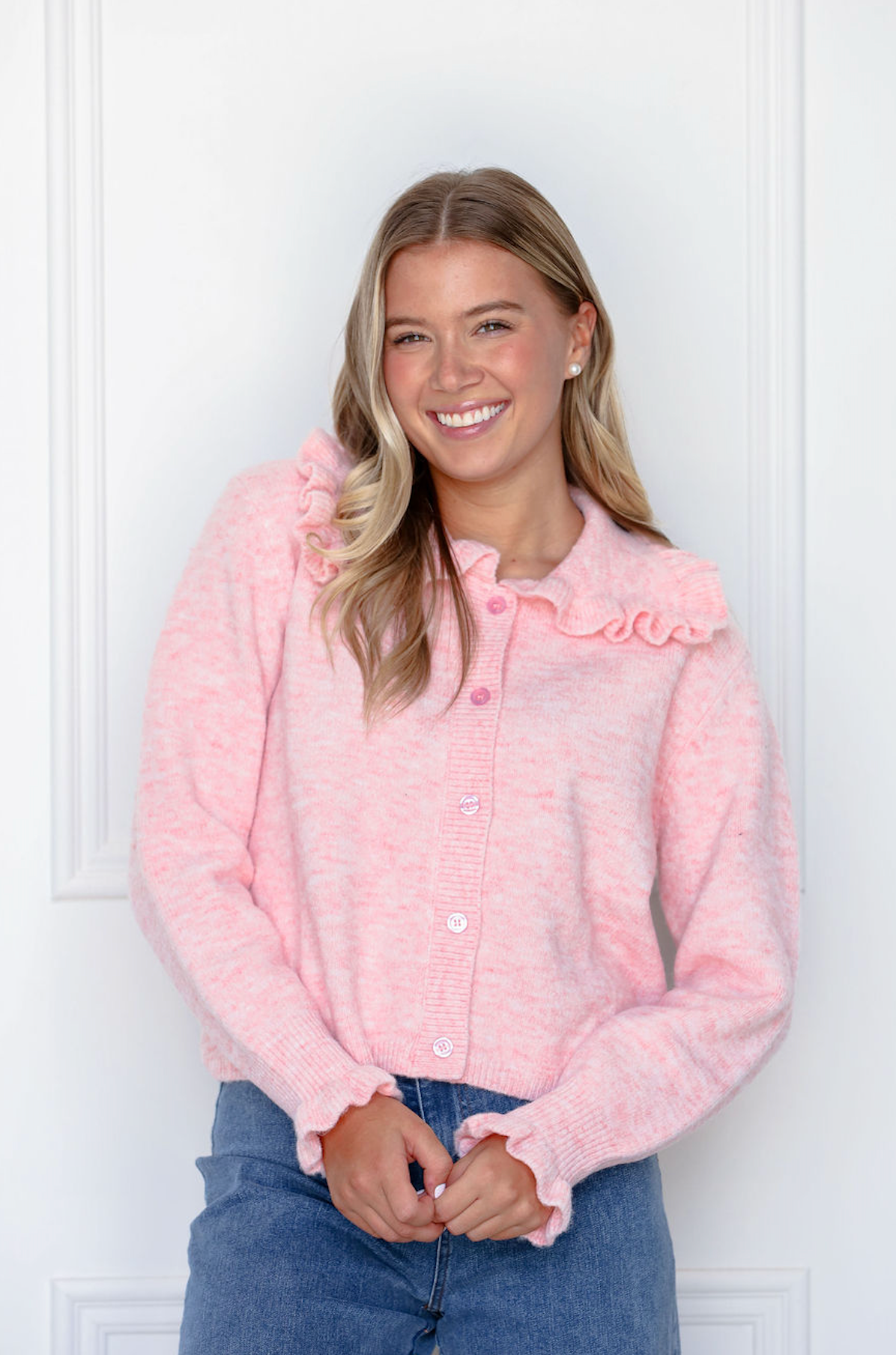 Ruffled Collar Cardigan Pink