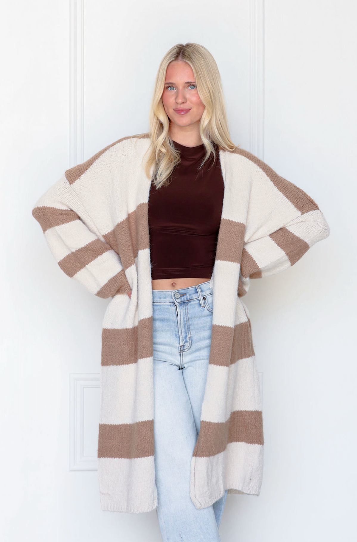 Taupe Stripe Maxi Cardigan
