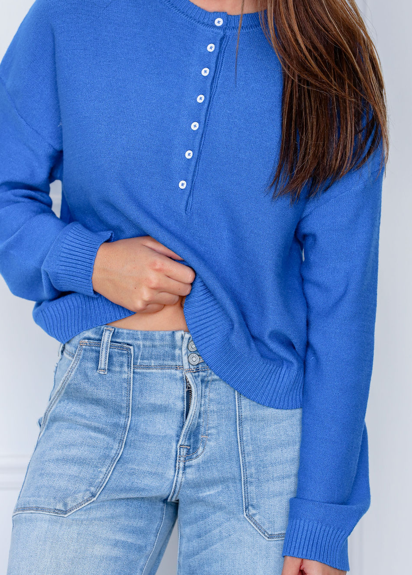Henley Button Up Sweater Cobalt