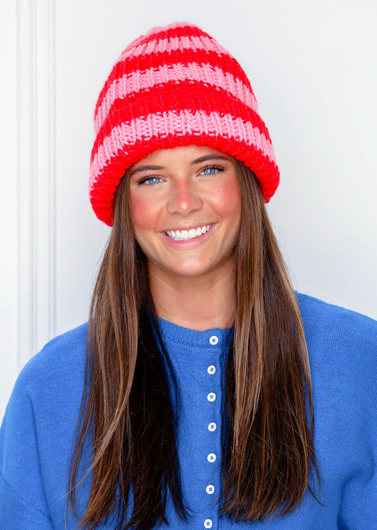 Red/Blush Striped Knit Beanie