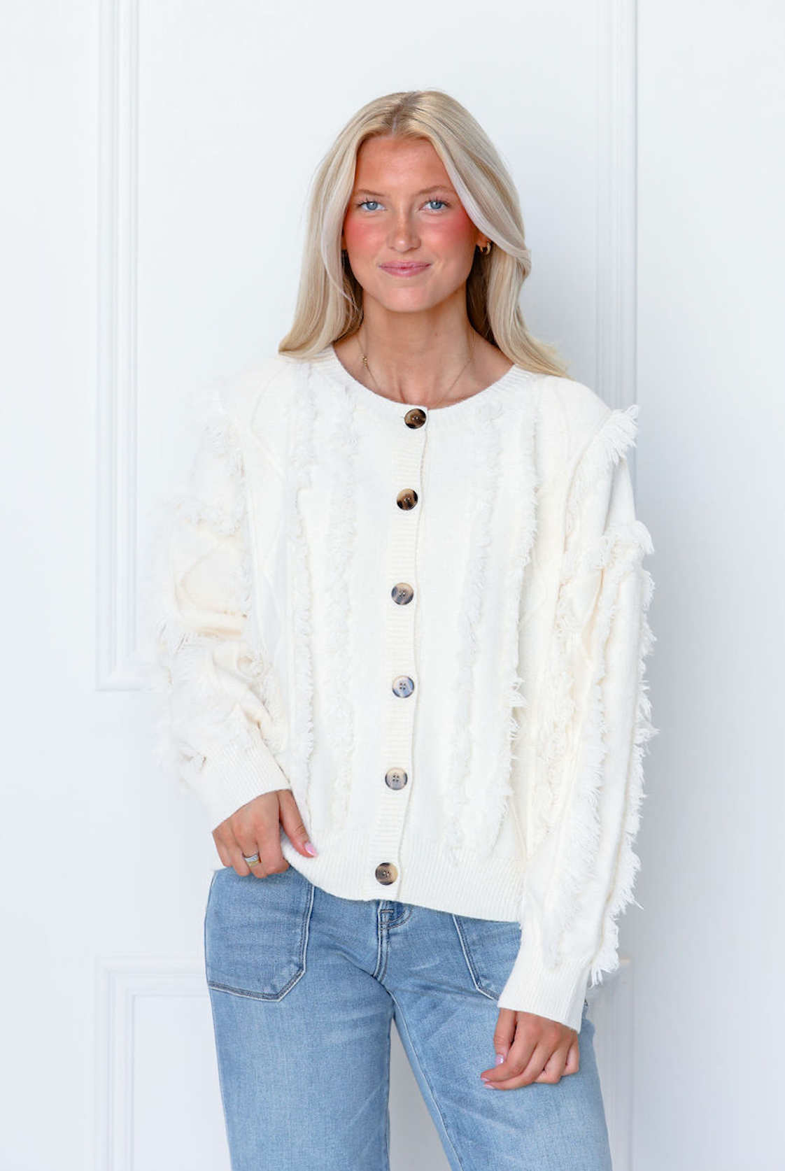 Cream Button Up Frayed Detail Cardigan