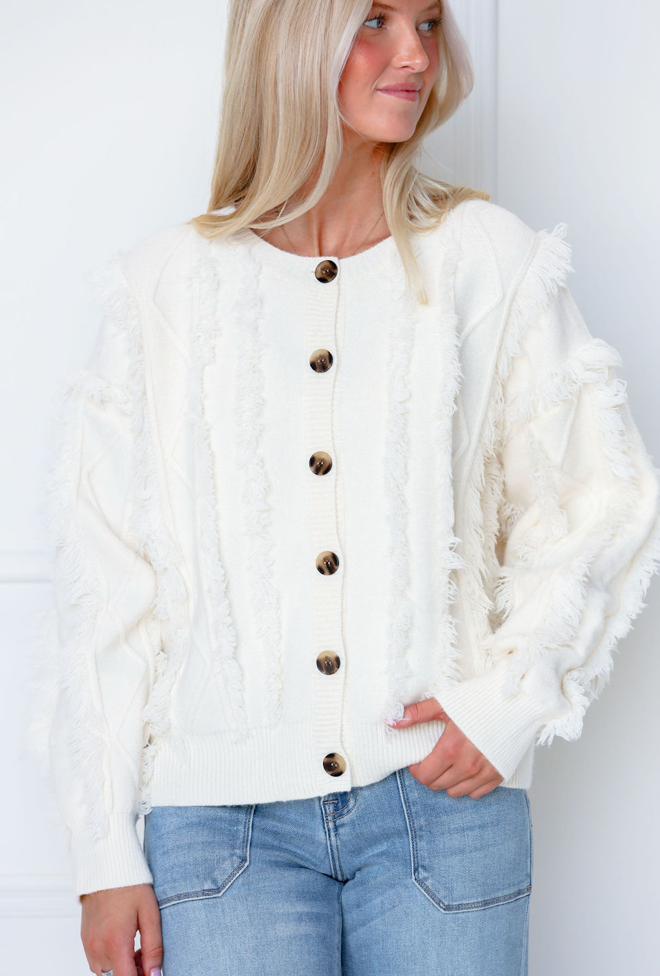 Cream Button Up Frayed Detail Cardigan