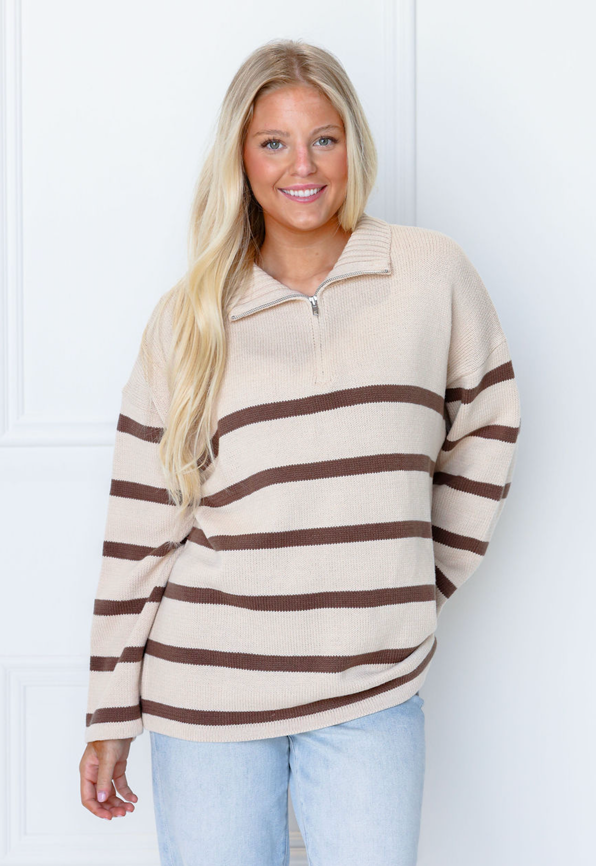 Brown Stripe Zip Up Sweater