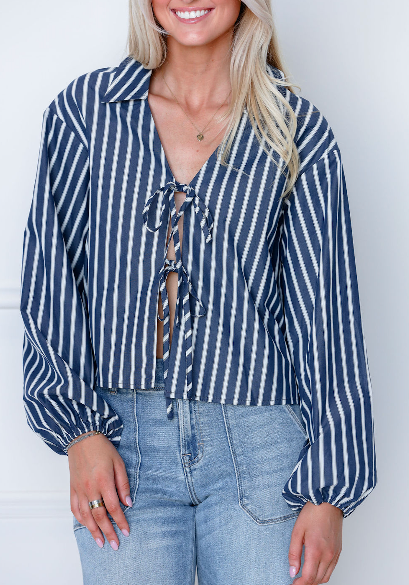 Navy/White Stripe Tie Top