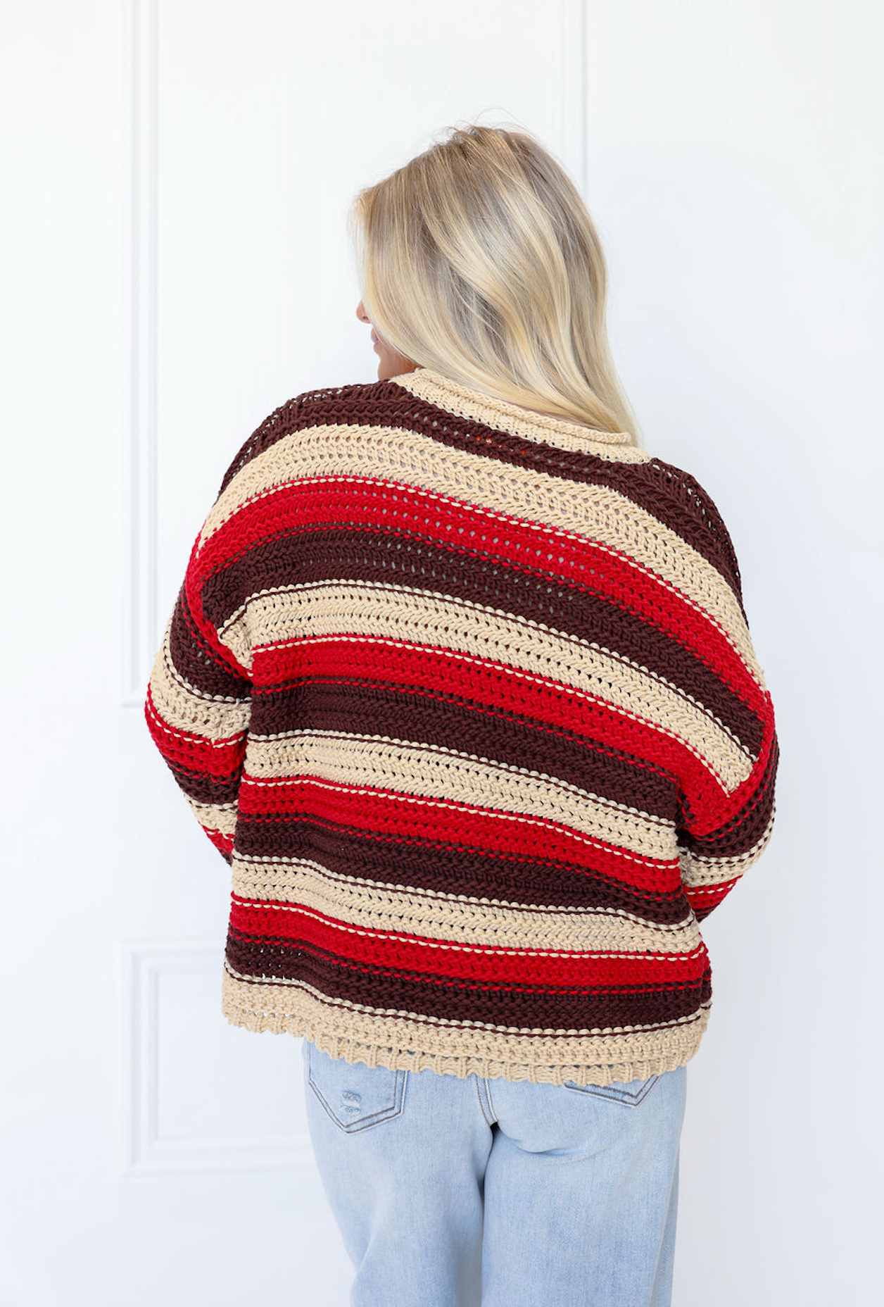 Crochet Stripe Bell Sleeve Sweater