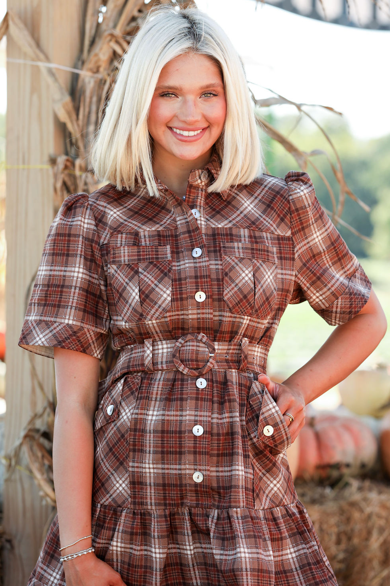 Cynthia Checkered Belted Dress