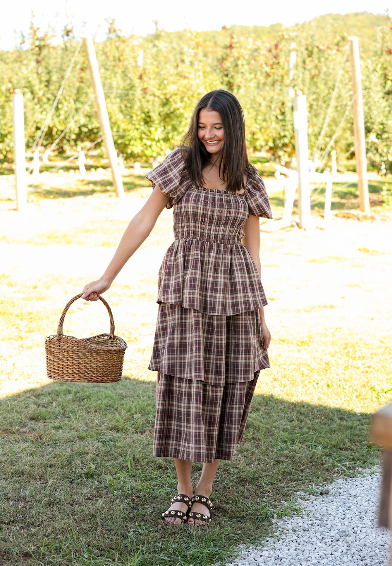 Brown Plaid Tiered Maxi Dress W/ Puff Sleeves