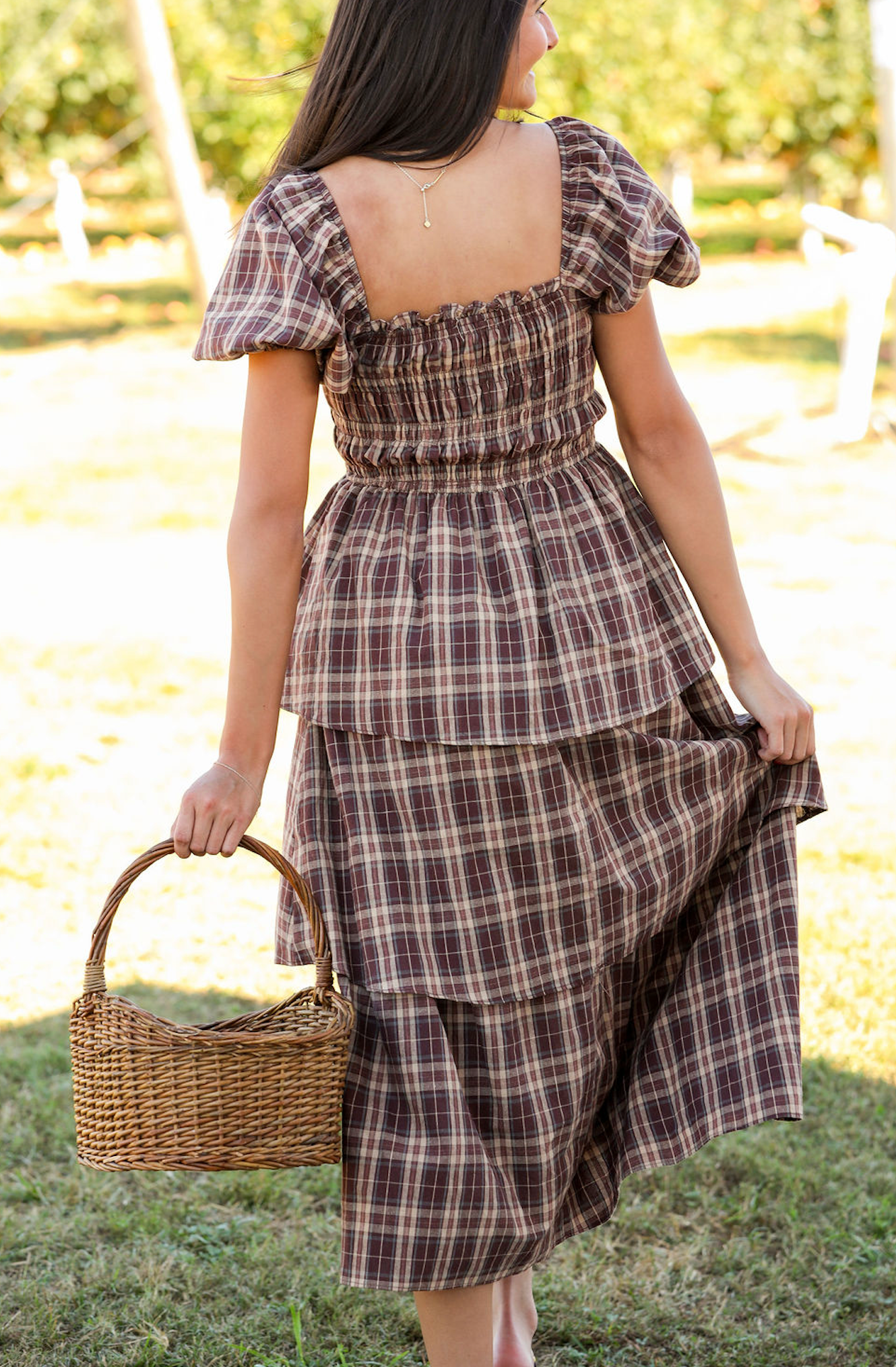 Brown Plaid Tiered Maxi Dress W/ Puff Sleeves