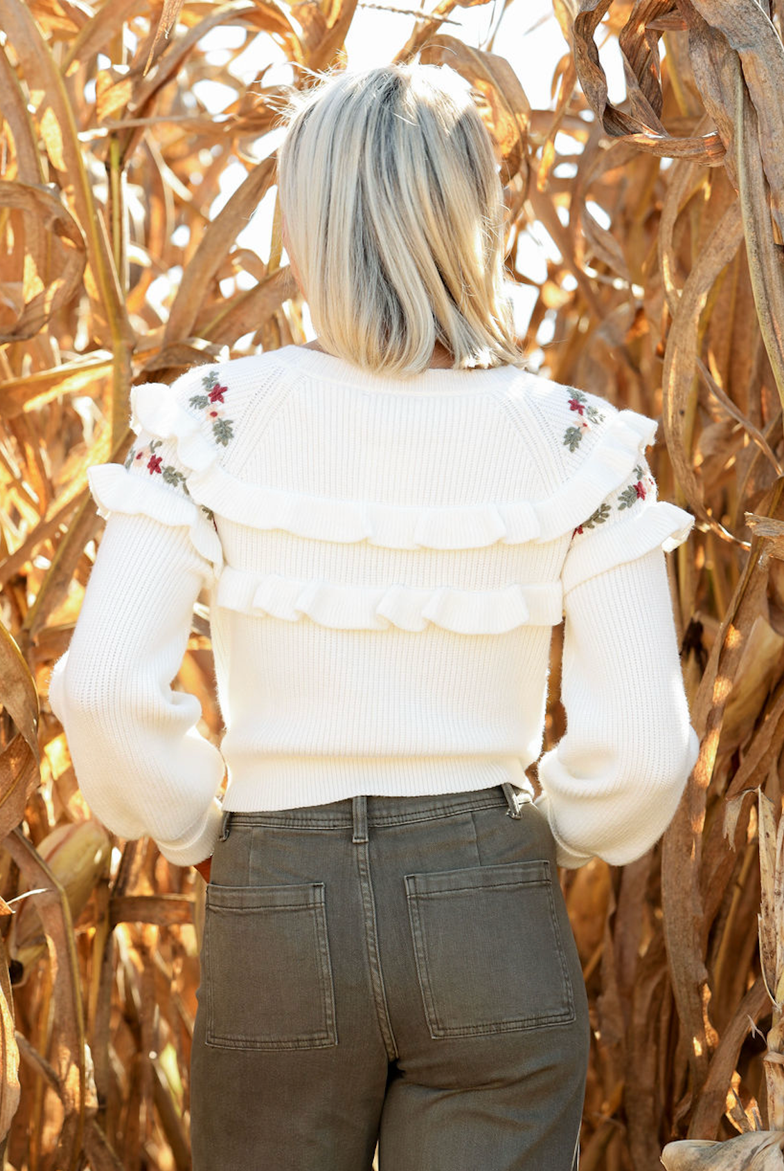Ruffle Embroidered Sweater Top
